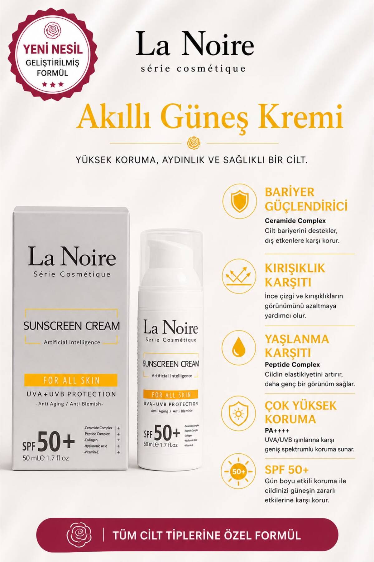 Akıllı Güneş Kremi Spf50 | Çinko | Yaşlanma-Kırışıklık Karşıtı | Ceramide | Peptide — 1001 — تصویر 2 از 5
