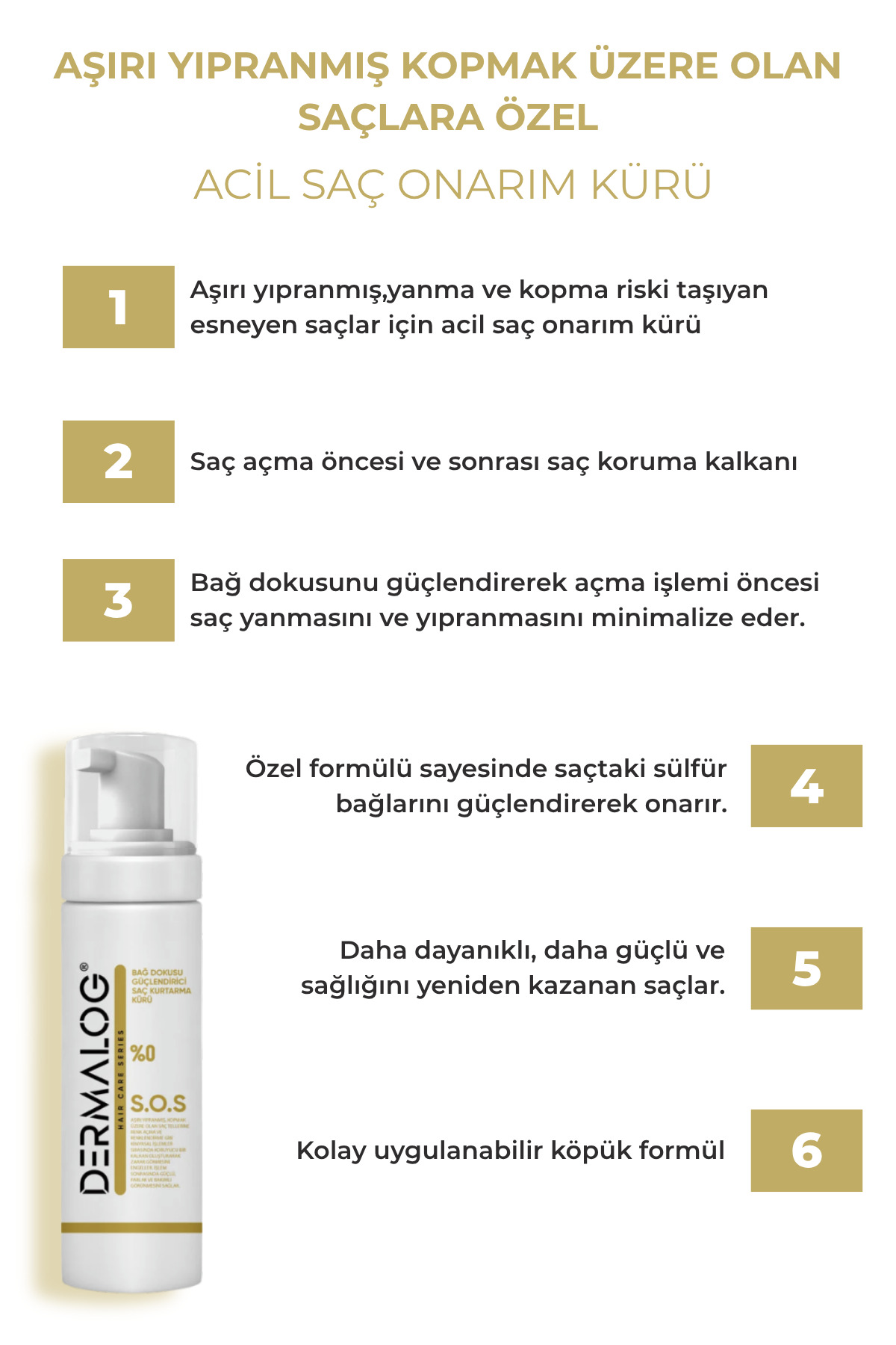 Yanmış Kopmuş Esneyen Saçlar Için Bağ Güçlendirici Saç Kurtarma Kürü & S.O.S Onarıcı Saç Bakım Köpüğü 250 ml — DRMLG01 — تصویر 6 از 8