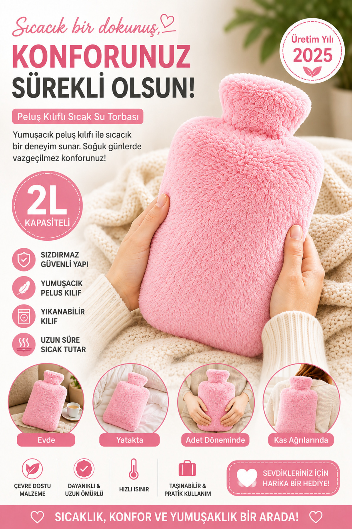 Ecuy Sıcak Su torbası Yumuşacık Peluş Kılıflı Sıcak Su Torbası 2L.  Ka