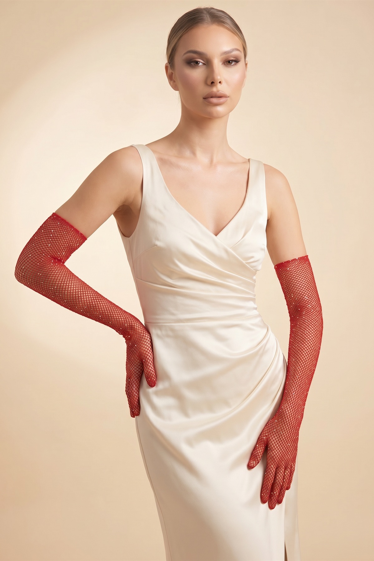Elegance Scarf Uzun File Taşlı Eldiven Kırmızı Abiye Davet Gece Parti Söz Kına Nişan Mezuniyet görsel 7