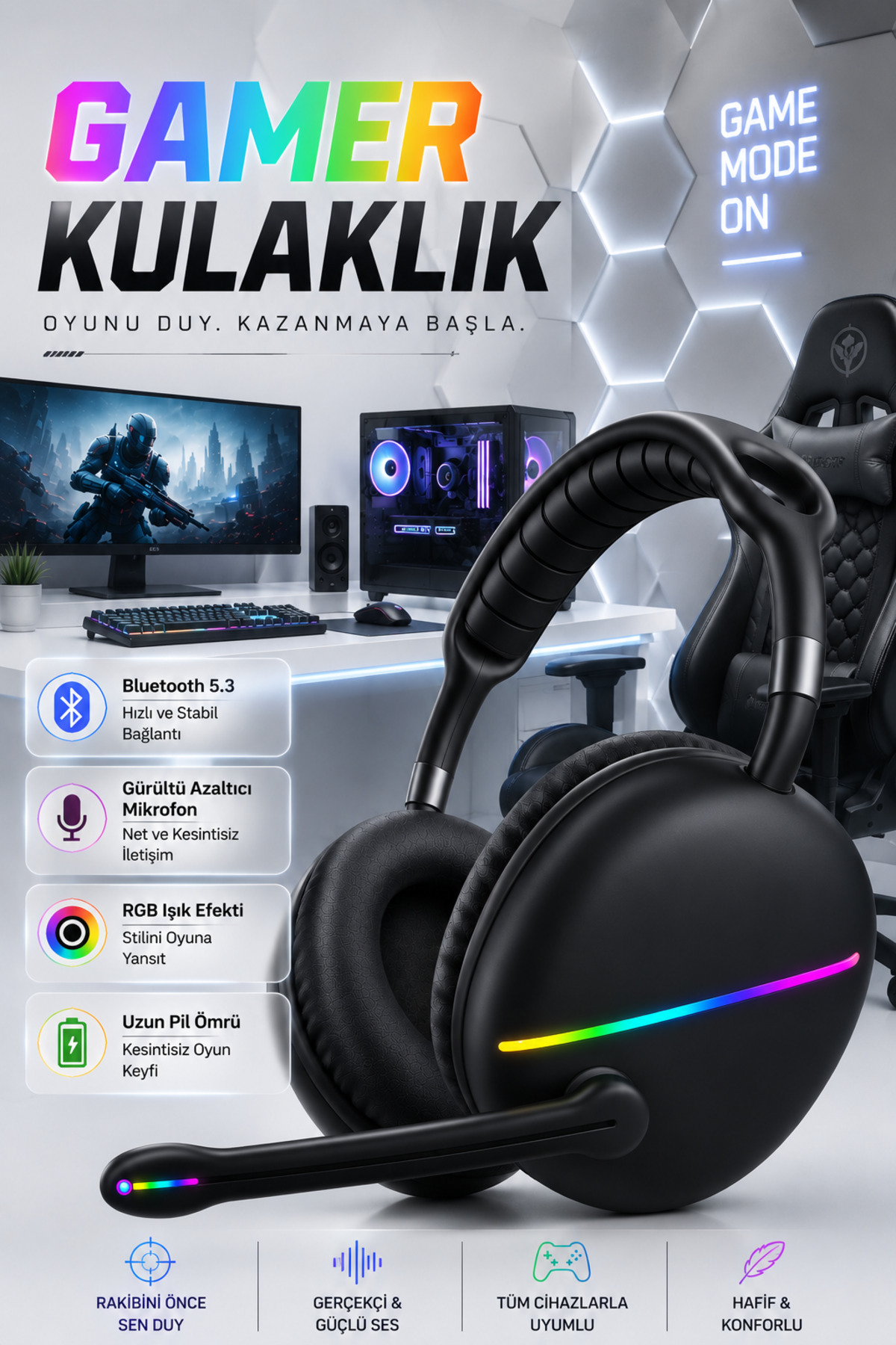 Bluetooth Illuminated RGB Gamer Computer Headset Gaming Headset Surround Sound System Bass