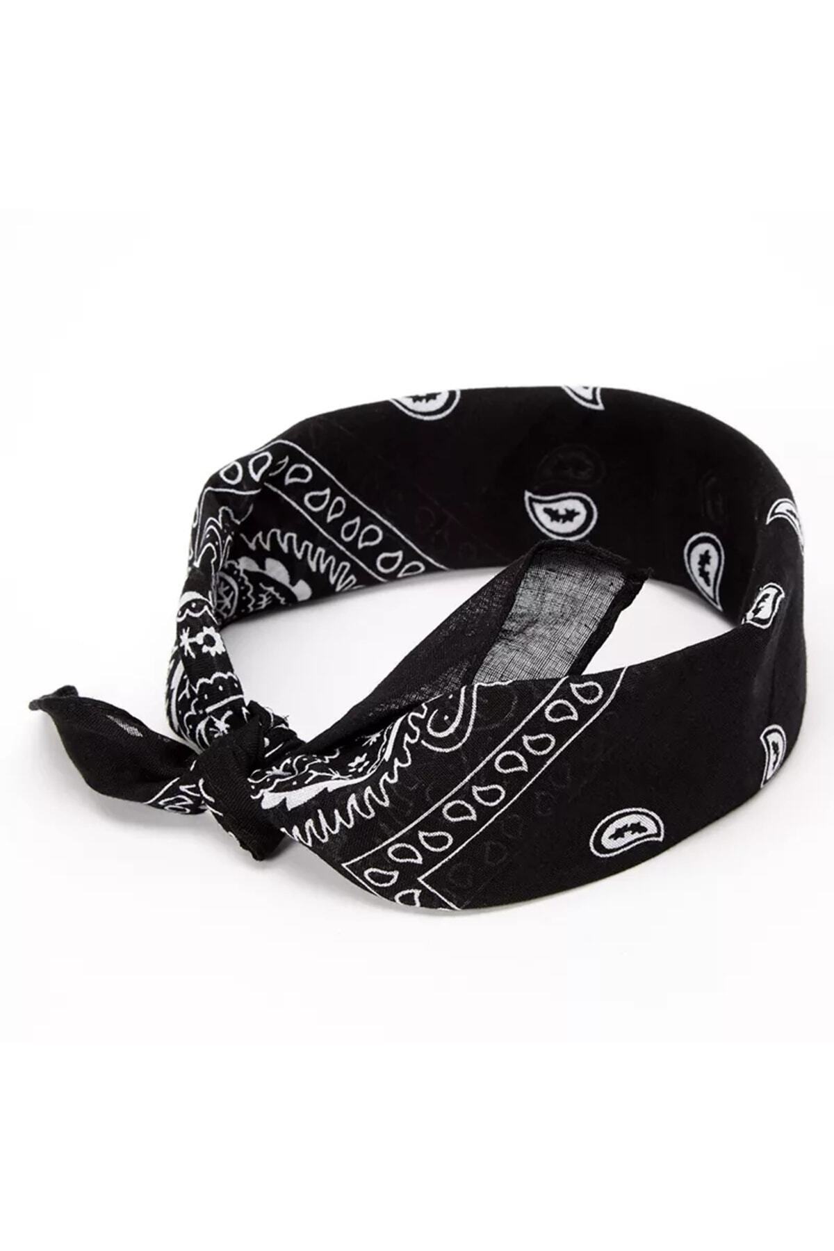MutluBiDünya Vintage Siyah Renk Etnik Desen Kare Pamuklu Bandana Fular görsel 4