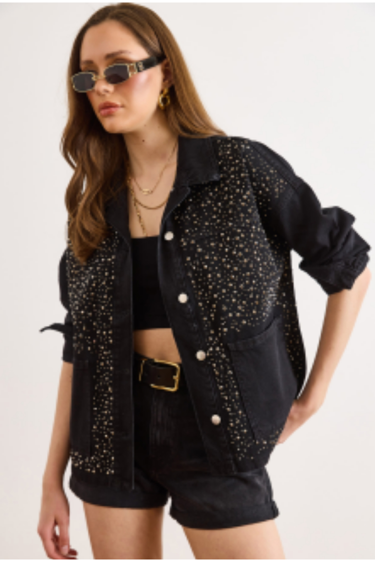 Olalook Kadın Siyah Serpme Taş Detaylı Cepli Pamuk Denim Ceket CKT-19000448 görsel 2