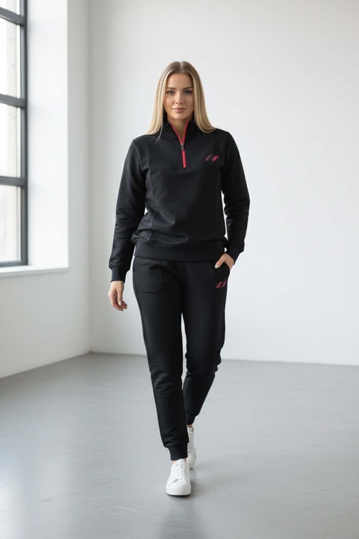 Women's Black Two Thread Elastic Leg Zipper Collar Long Sleeve Sweatshirt Tracksuit - 7648