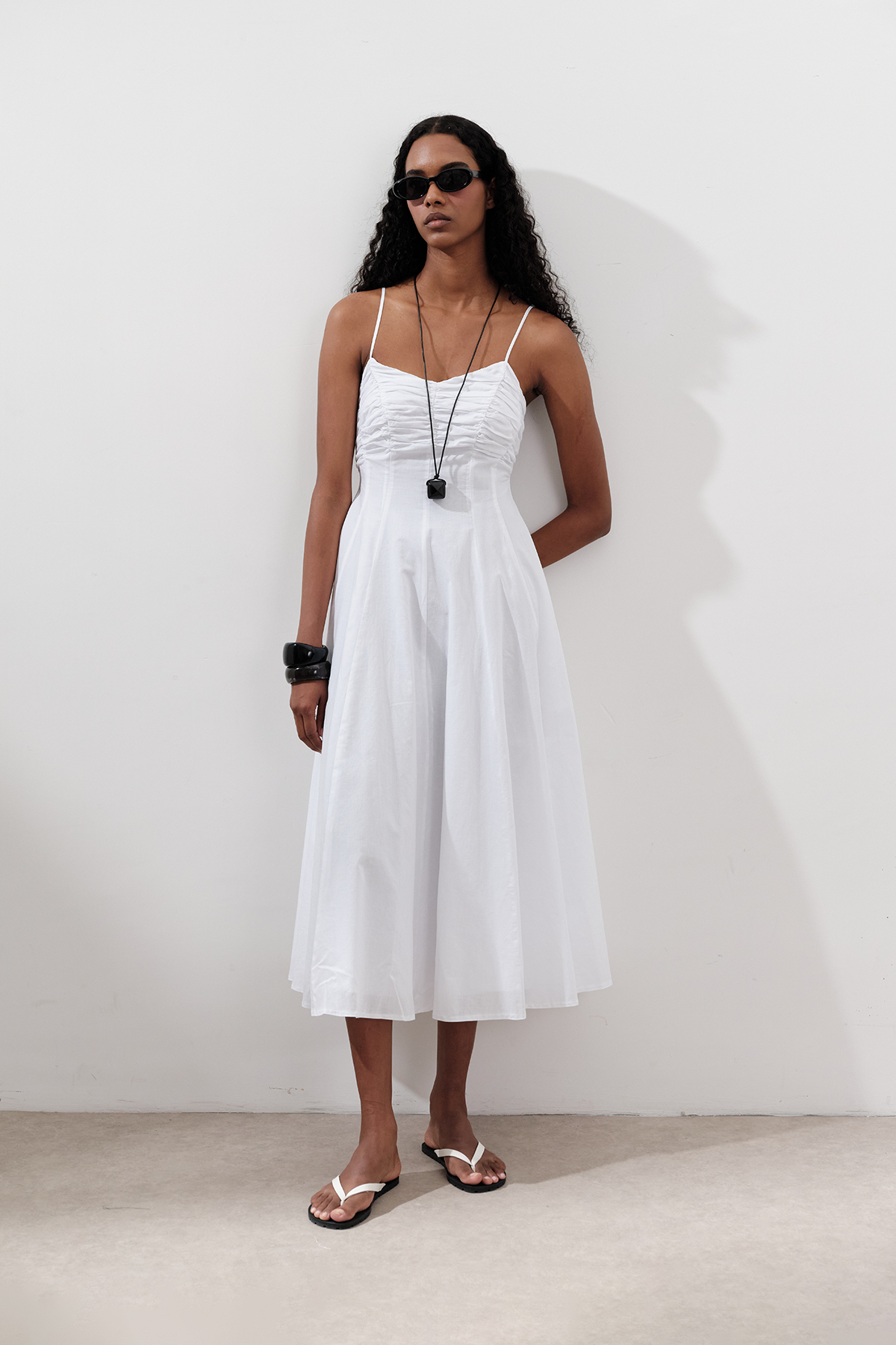 STRAPPY DRESS WITH SHIRRING DETAIL ECRU