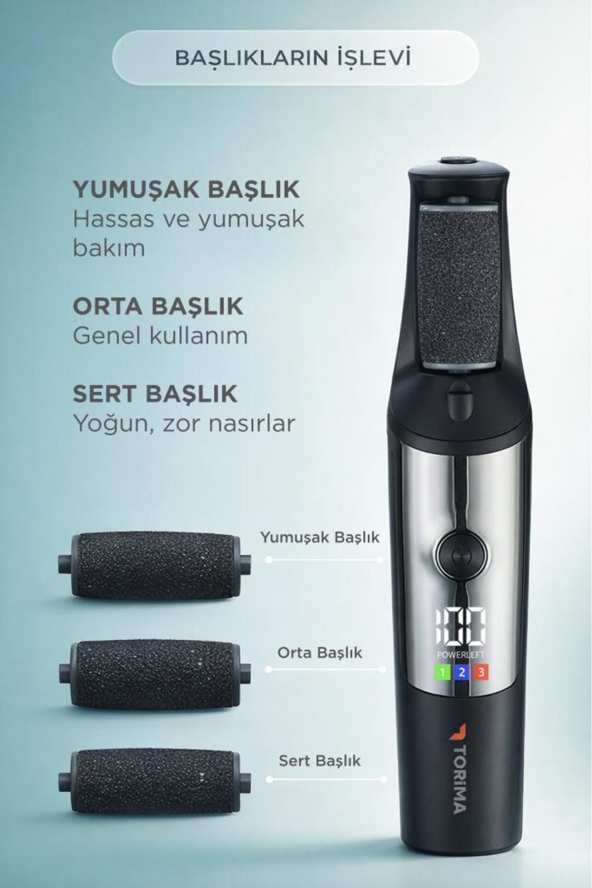 سوهان پا ضد آب و قابل شارژ با صفحه نمایش LCD و 3 سر، BCM-1140T، مشکی — تصویر 3 از 8