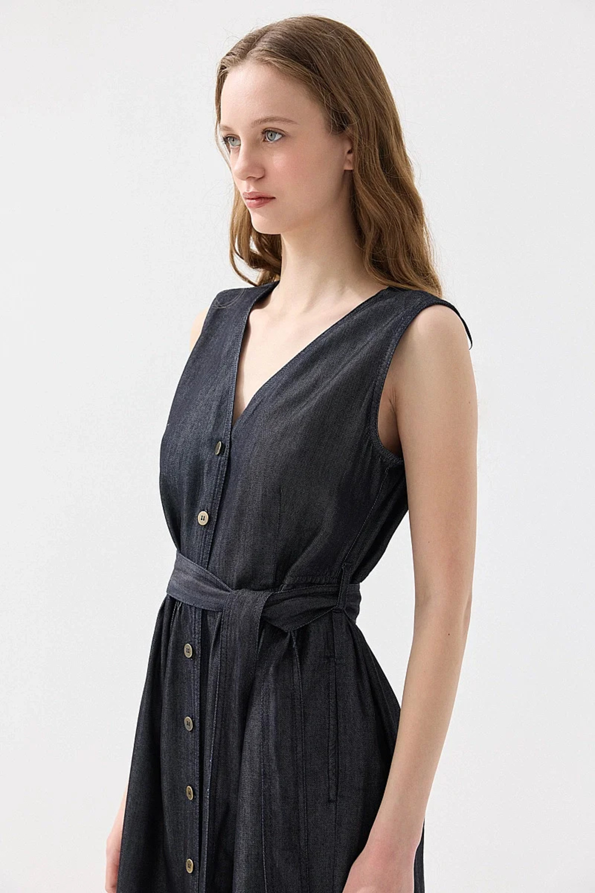 Gusto Düğmeli Tensel Denim Elbise - Lacivert görsel 6
