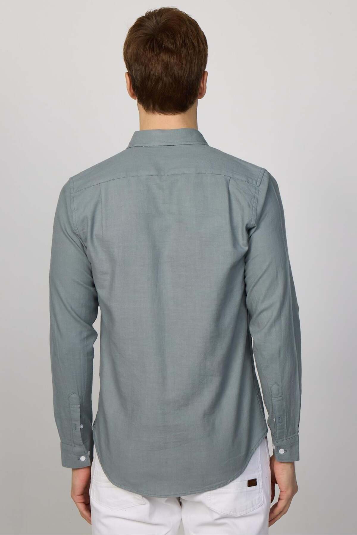 Tudors Erkek Slim Fit Dar Kesim %100 Pamuk Keten Doku Düğmeli Yaka Gri Gömlek görsel 5
