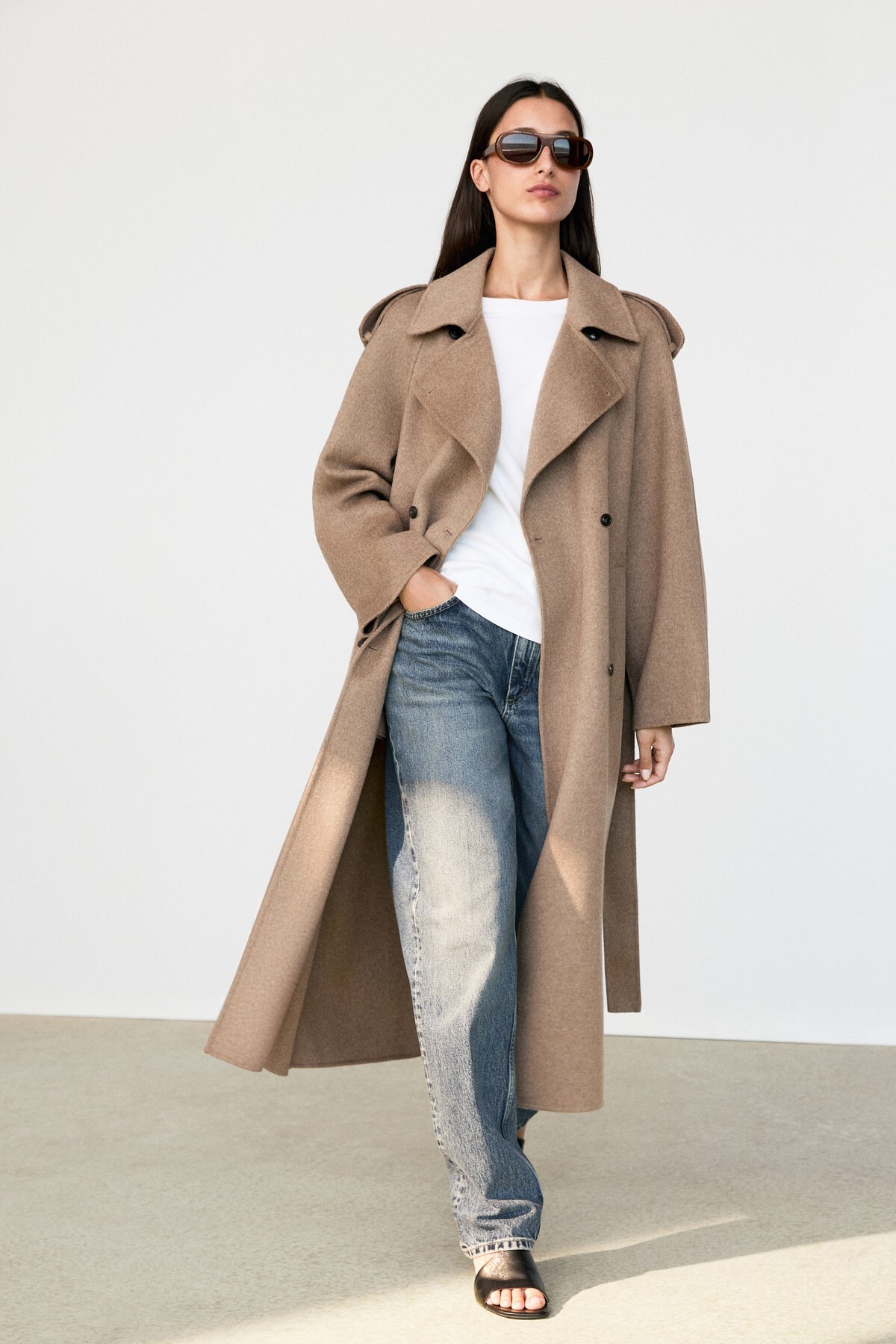 Massimo Dutti Yün karışımlı uzun trençkot görsel 3