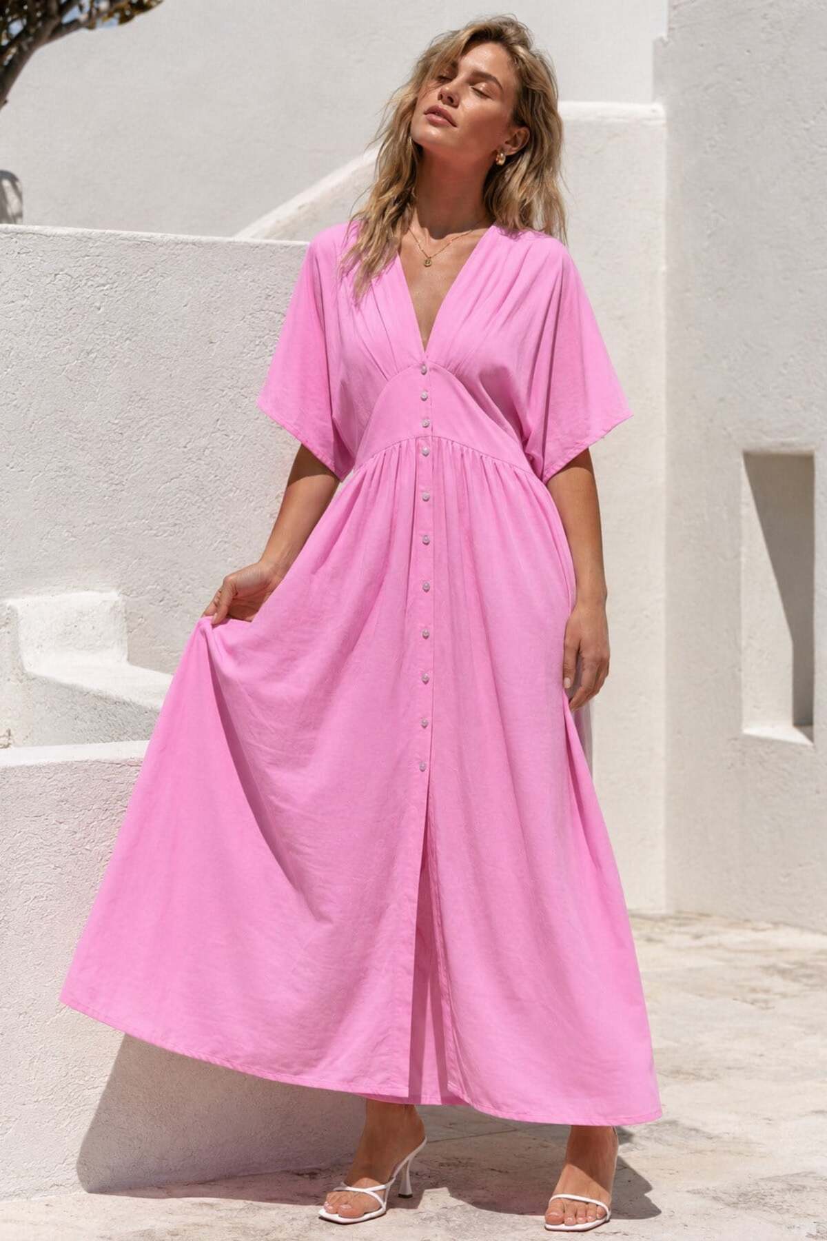 Madmext Pink V-Neck Buttoned Dress Mg2339