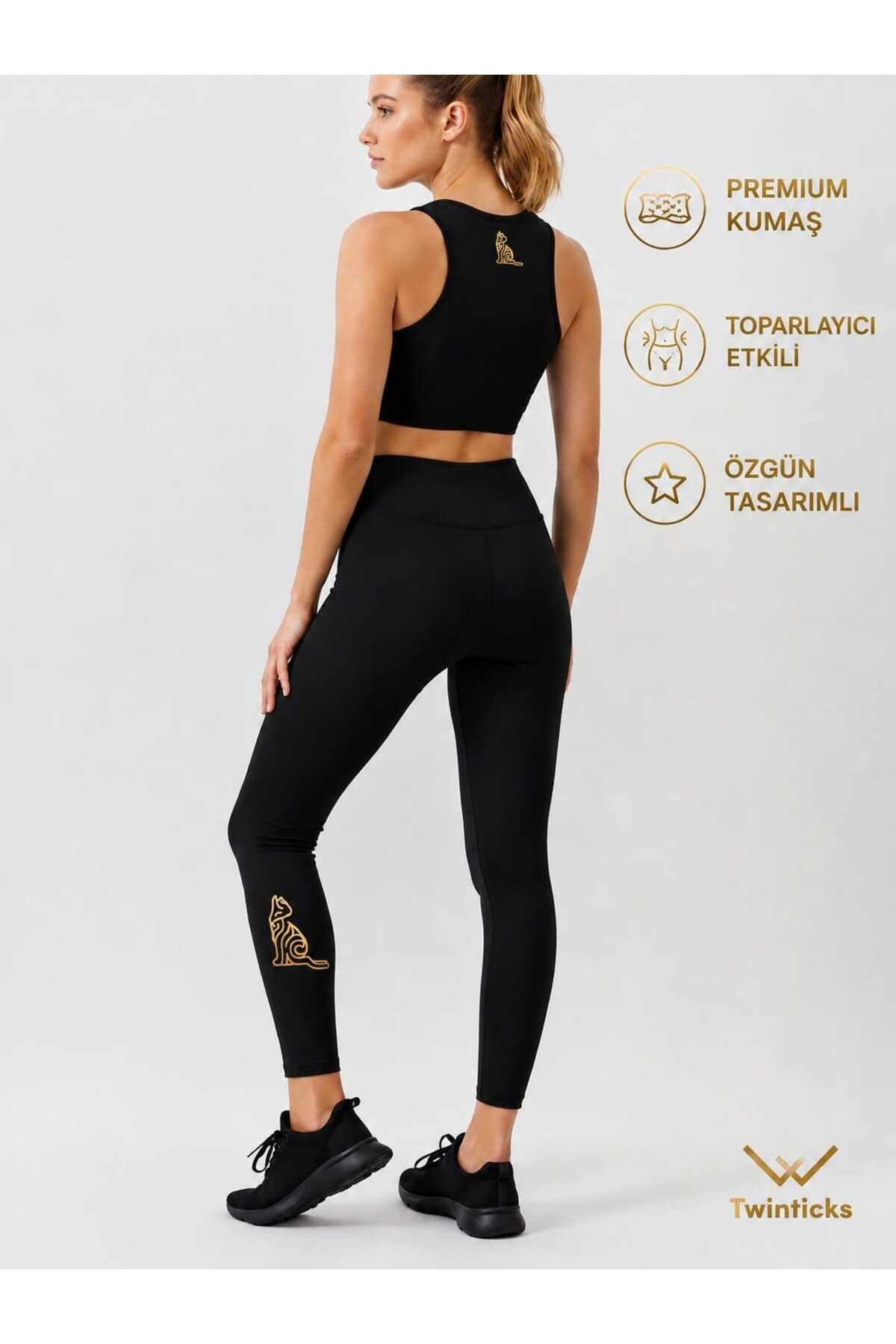 TWINTICKS Kadın Yoga Pilates Takımı Siyah Yüksek Bel Toparlayıcı Spor Tayt Takımı Altın Kedi Desenli Sporcu Sütyeni Seti