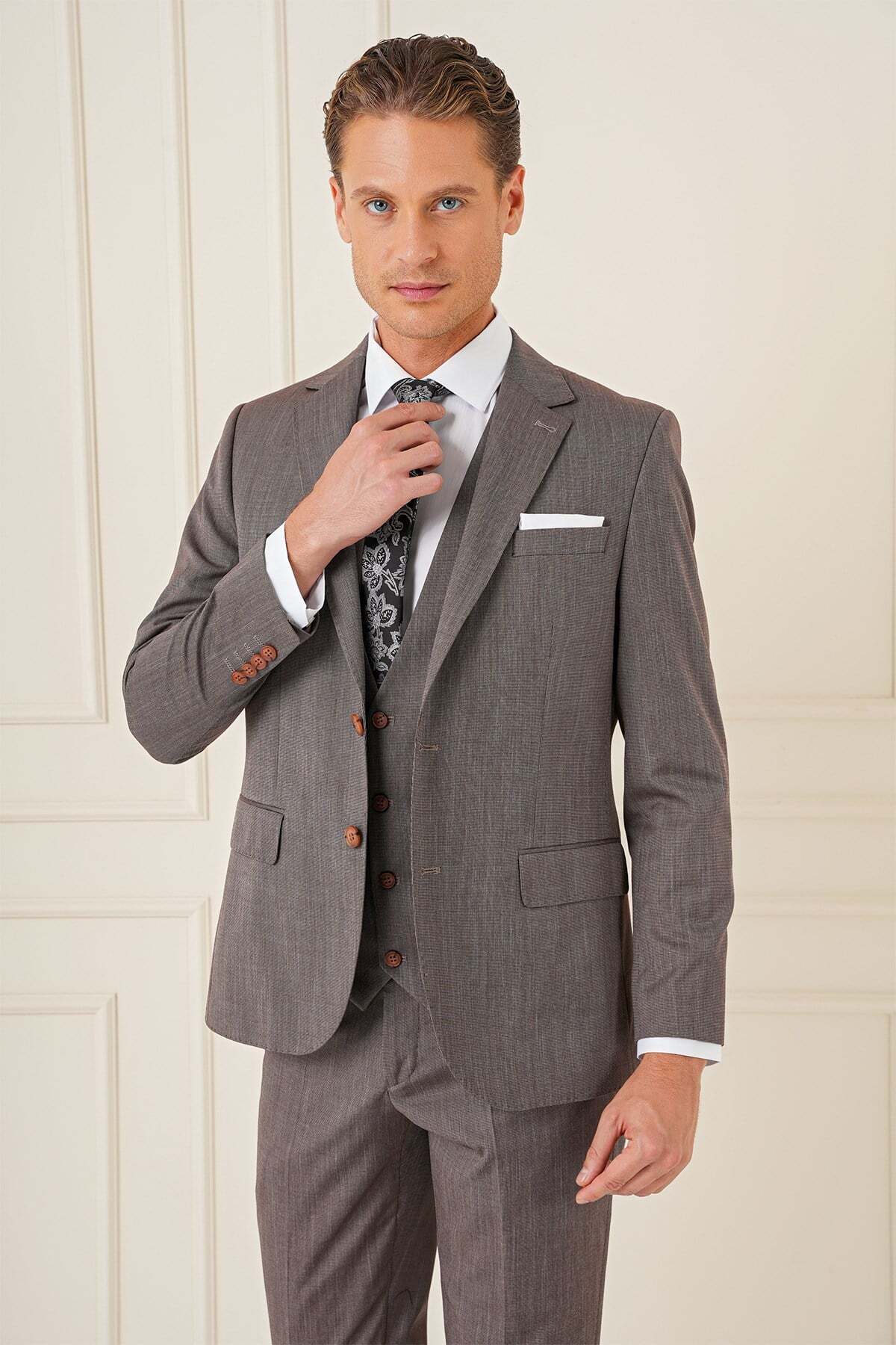 Efor Slim Fit Esnek Yelekli Klasik Vizon Takım Elbise Tk 897 görsel 6