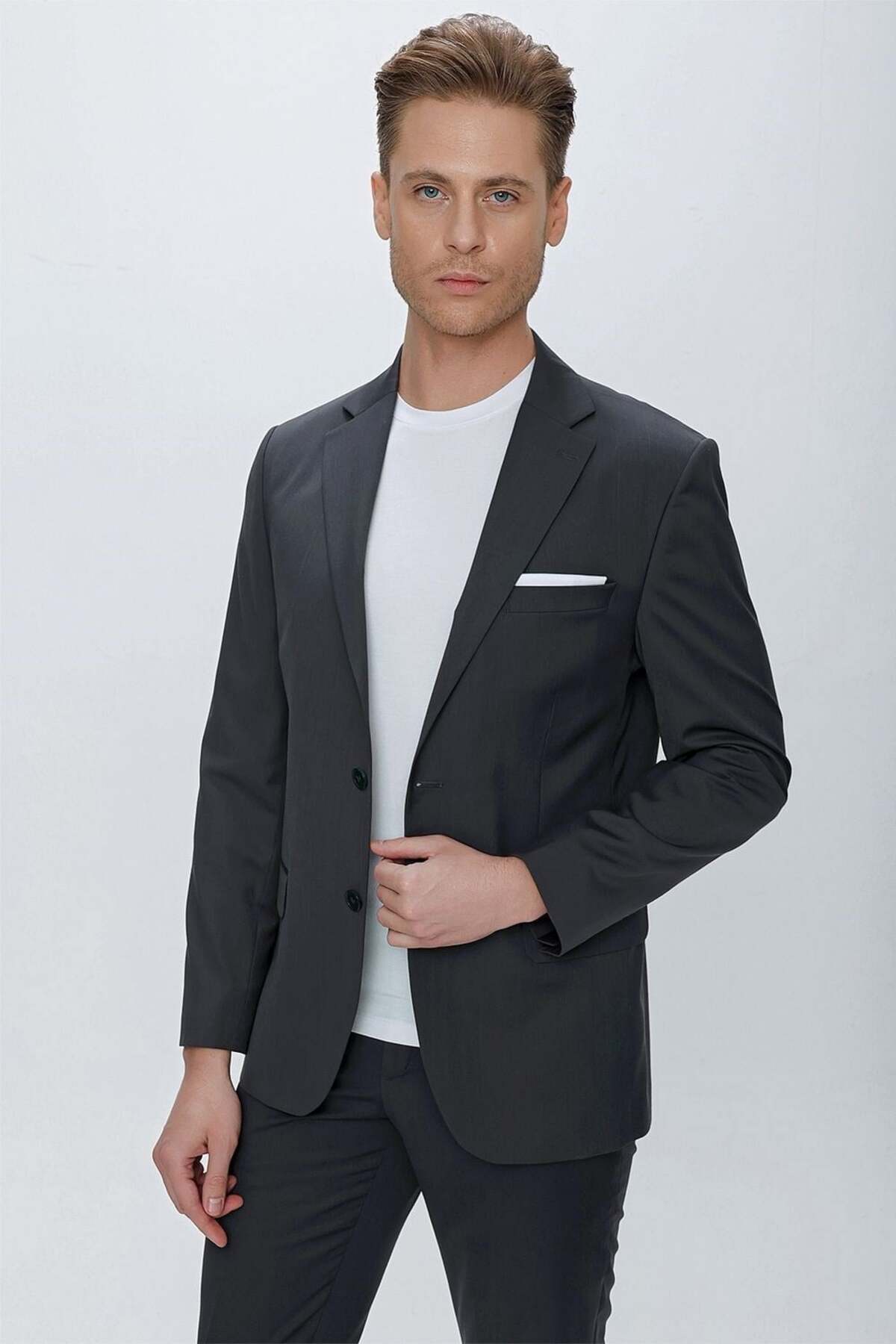 Efor Slim Fit Klasik Mono Yaka Klasik Antrasit Takım Elbise Tk 2021 görsel 4