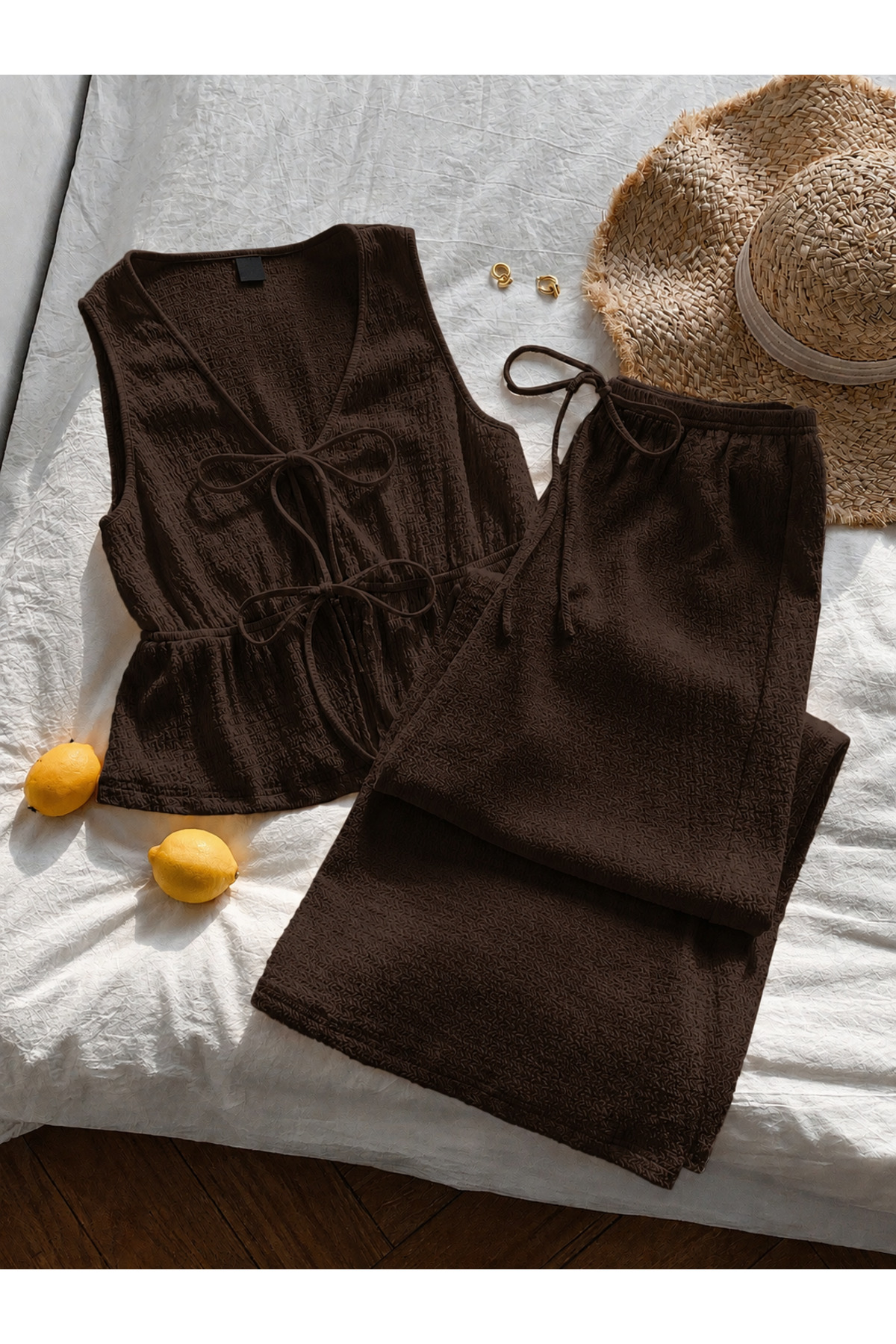 Brown vest wide leg pants with two-way binding detachment top and bottom set