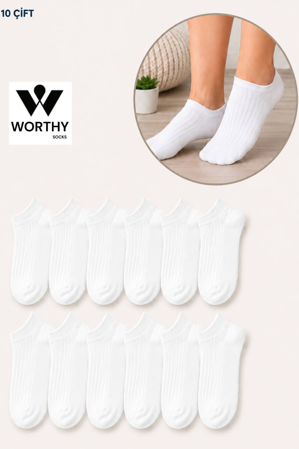 WORTHY SOCKS 10 Pairs of Women's Ribbed Short White Booties Socks 10 Pairs