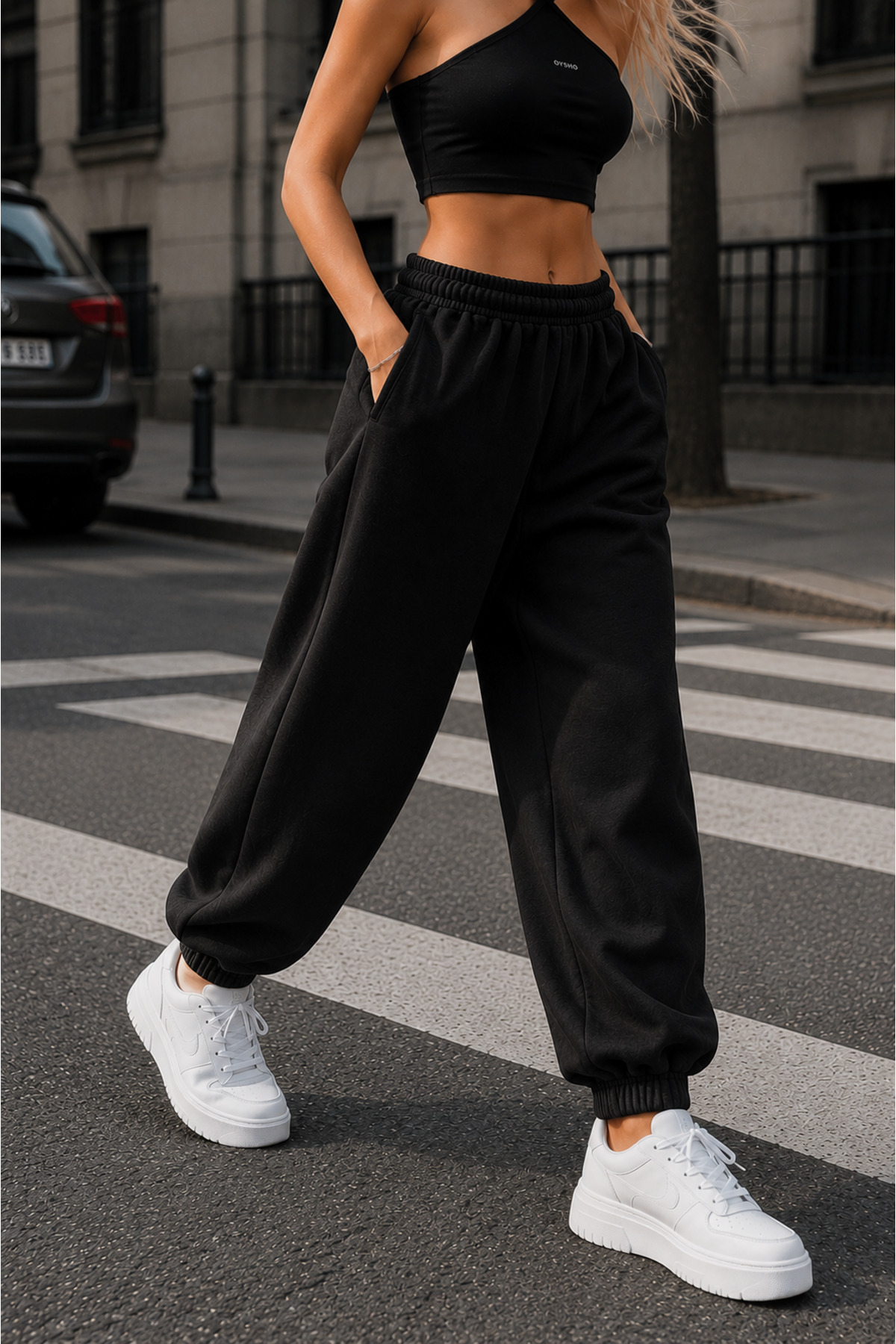 BSBSPOR Büyük Beden Jogger Geniş Paçası Lastikli Kadın Erkek Oversize Eşofman Altı Bol Kalıp Siyah 2 İplik
