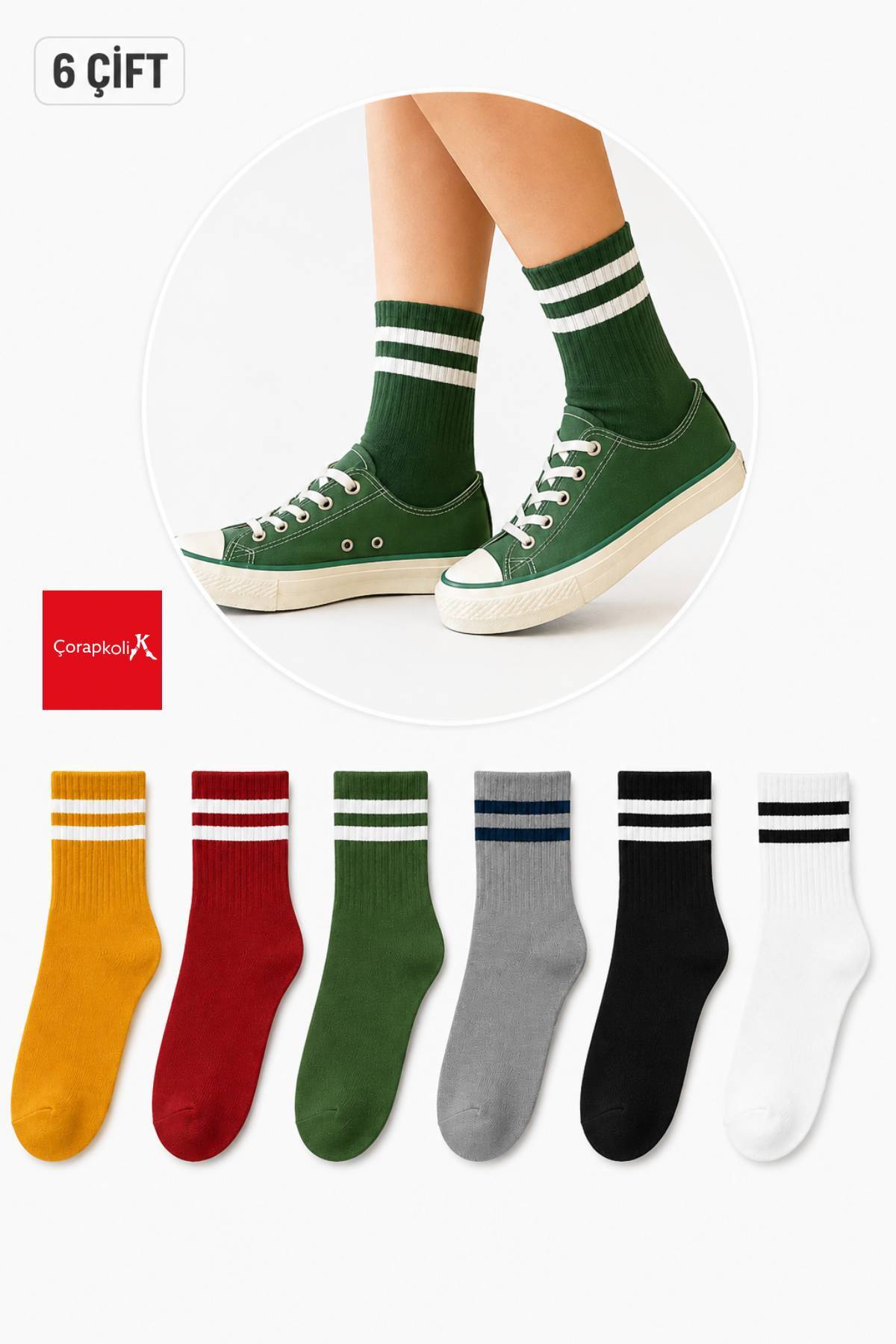çorapkolik 6'lı Unisex Karışık Renkli Çizgili Pamuklu Tenis Kolej Çorap