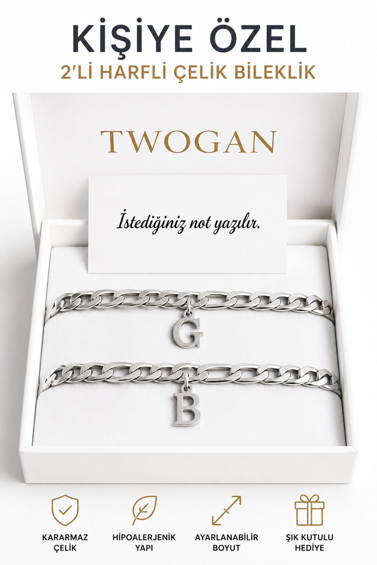Personalized Letters Bracelet, Silver Color 2 Pcs, Head Letter Steel Bracelet, Gift for Friend, Valentine