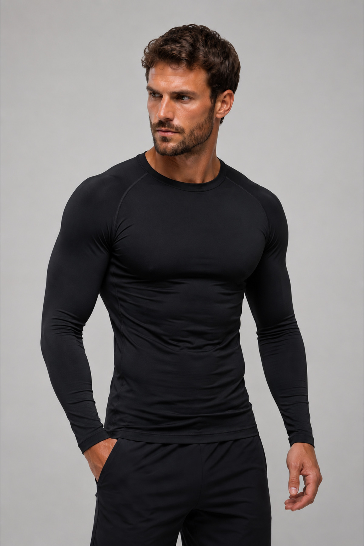Unprinted Black Compression Lycra Bodystick Bodysuit Underwear T-Shirt Long Sleeve Gym Fitness