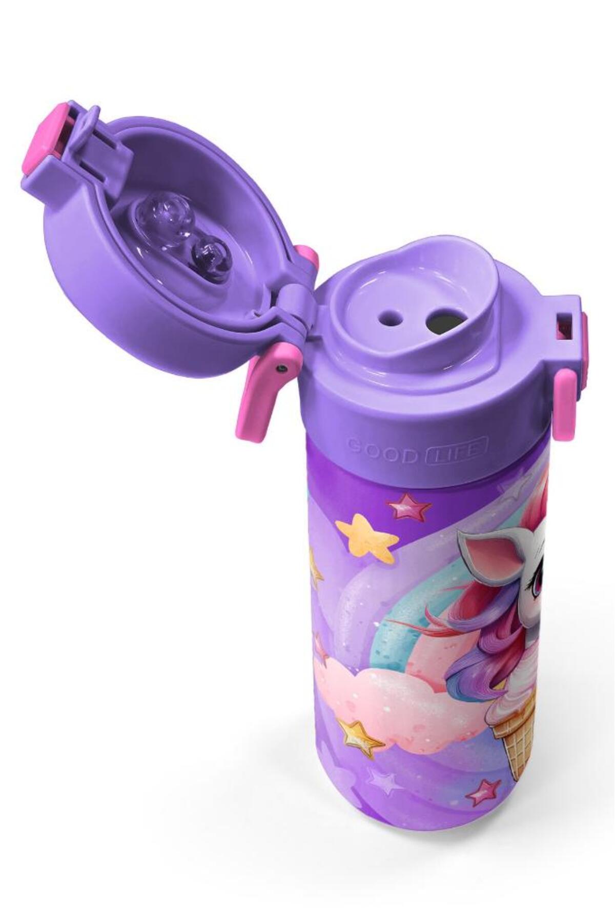 Kids Mor Pembe Unicorn Dondurma Desenli Pipetli ve Direkt İçim Çelik Termos 500 ml 31859
