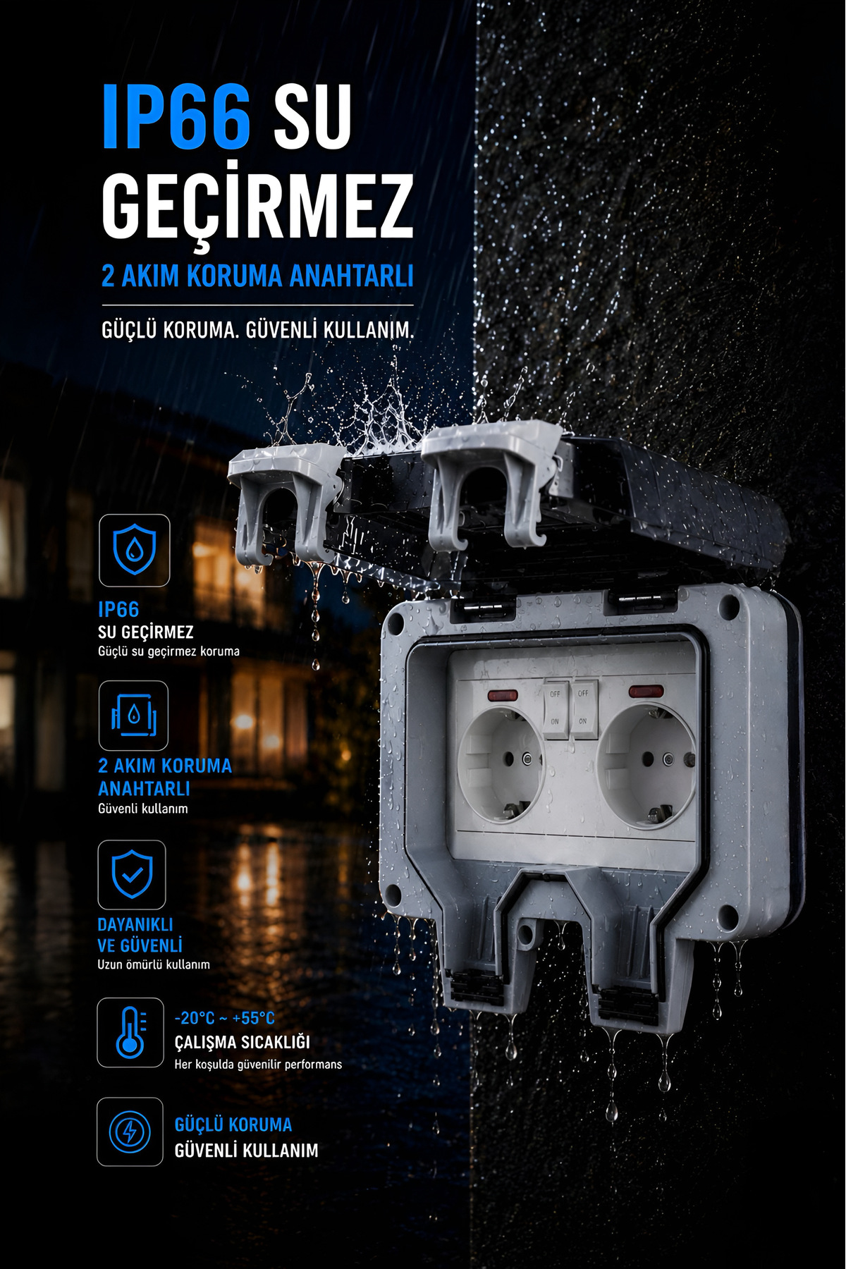 Ups&Downs様 Nexo Su geçirmez Dış mekan 2'li priz, 2 akım koruma anahtarlı(IP