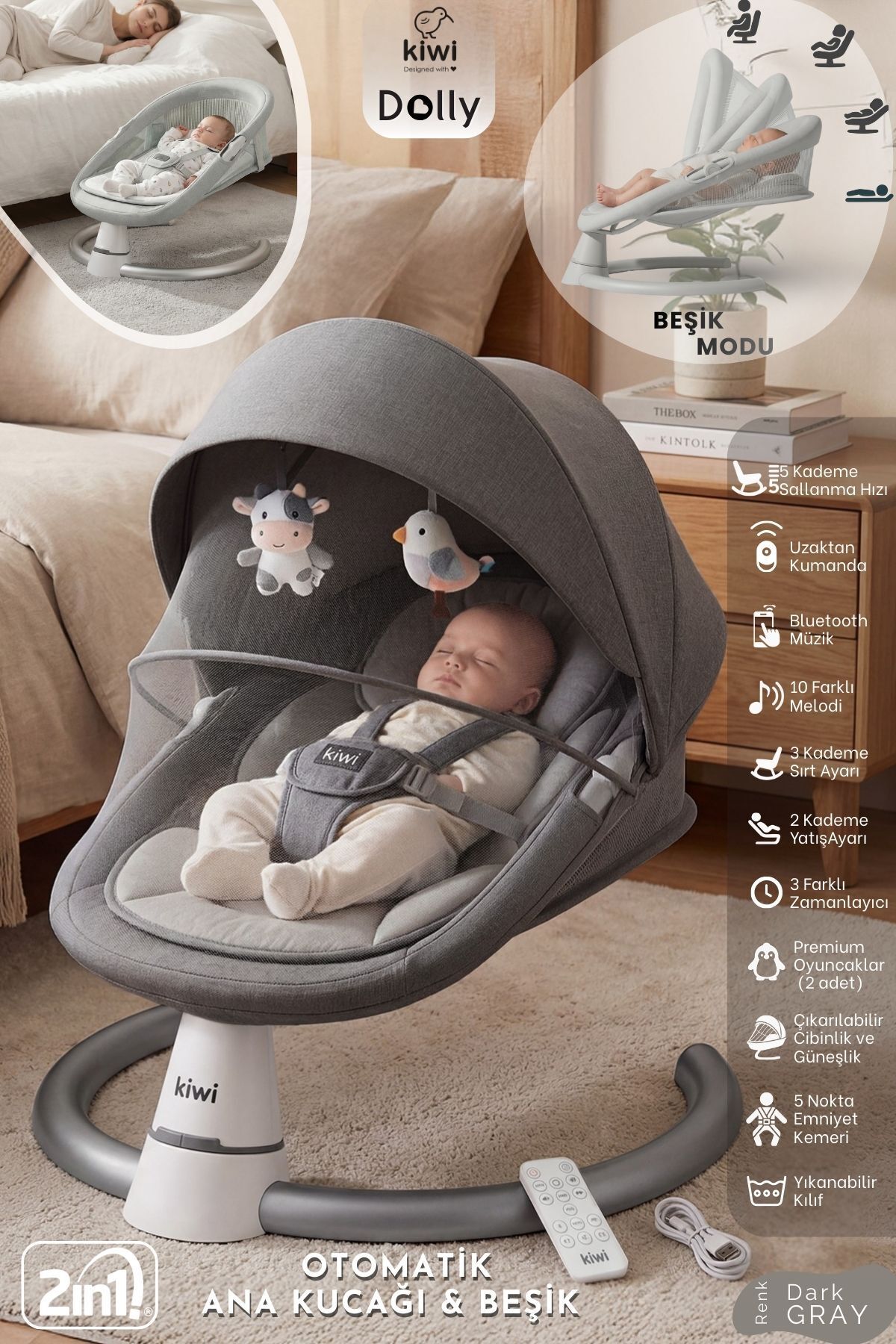 Dolly 2in1 Automatic Rocking Step Adjustable Cradle and Infant Carrier - Anthracite