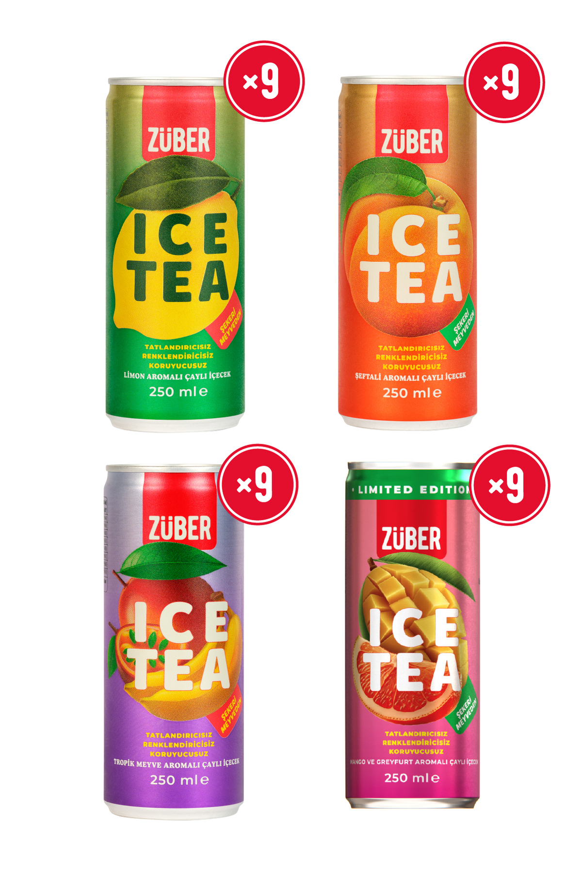 Züber Ice Tea Soğuk Çay Deneme Paketi 250ml x 36 Adet (Limon, Şeftali, Tropik, Mango&Greyfurt) - Fiyatı, Yorumları ürün görseli