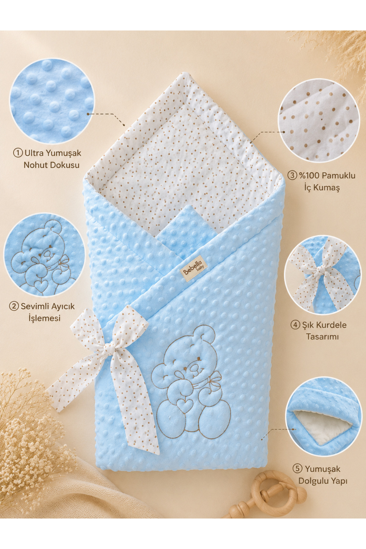 Blue Men's Chickpea Baby Blanket & Swaddle Bear Embroidered Newborn Cover / Quilt