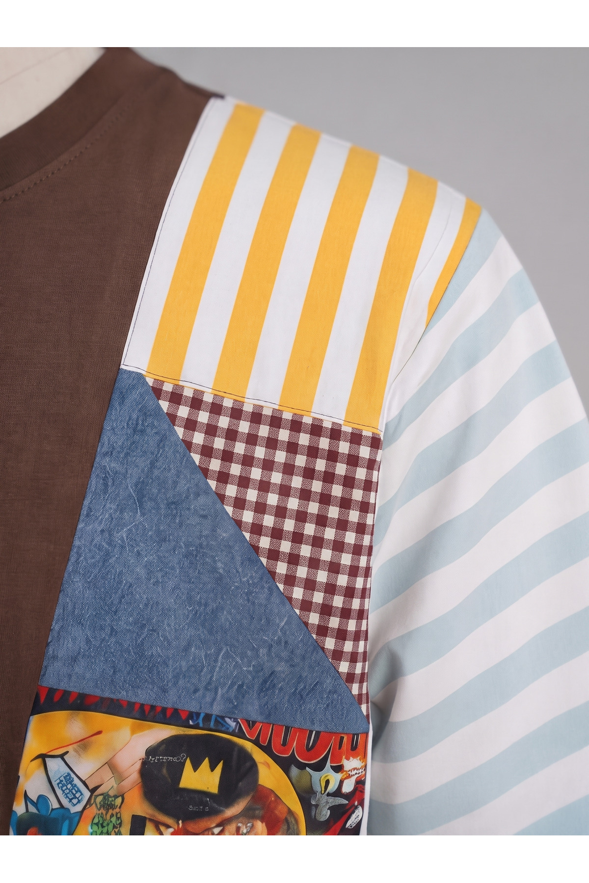poupee Kadın Bluz, Kadın T-shirt, Kadın Oversize Patchwork Tişört Renkli Desenli Sanat Baskılı Tshirt Kahverengi görsel 6