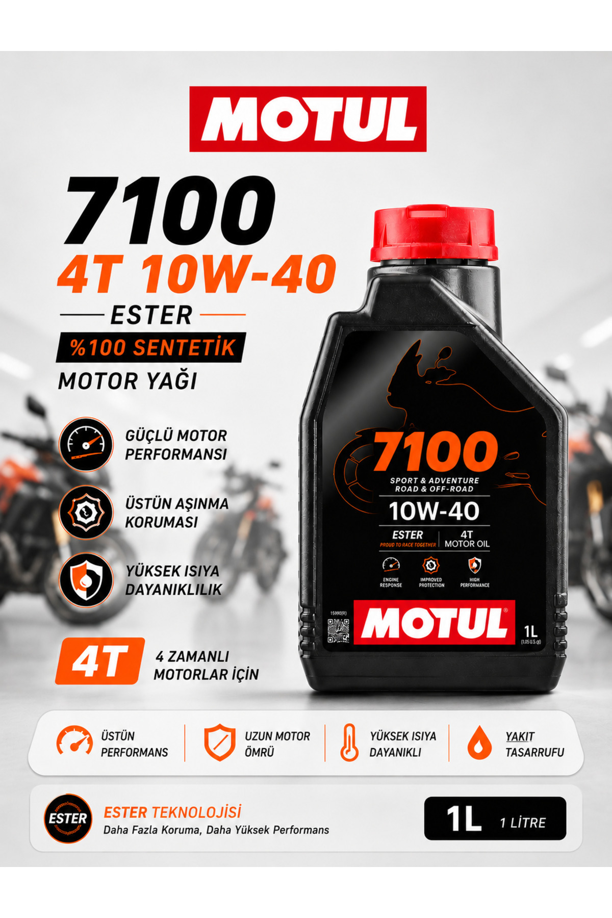 ミャーちぇる 7100 Motul 7100 10W-40 Ester 4T Sentetik Motosiklet Motor Yağı 1 Litre