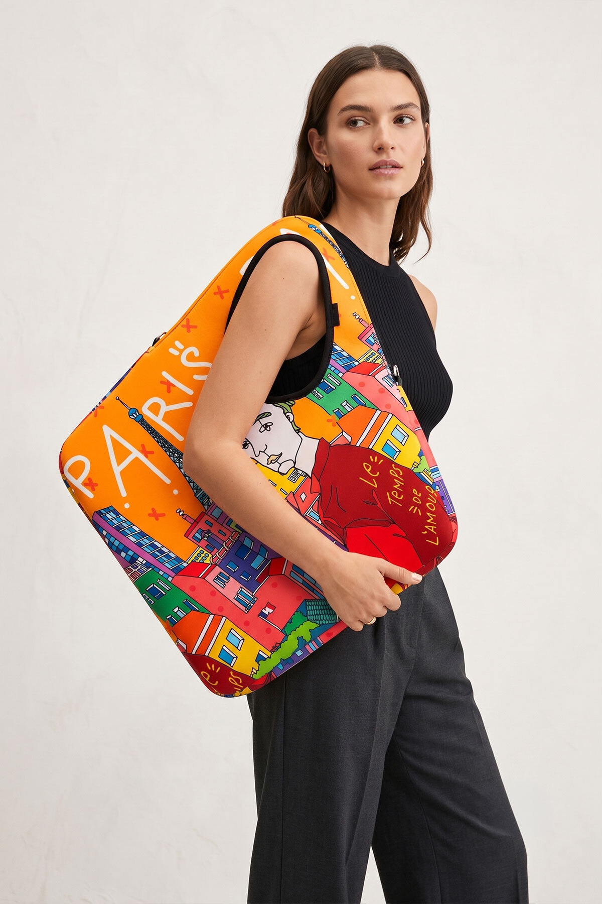 Ikigai City Series Patterned Parisian Printed Wide Pocket Side Zipper Fabric Lightweight Shoulder Bag