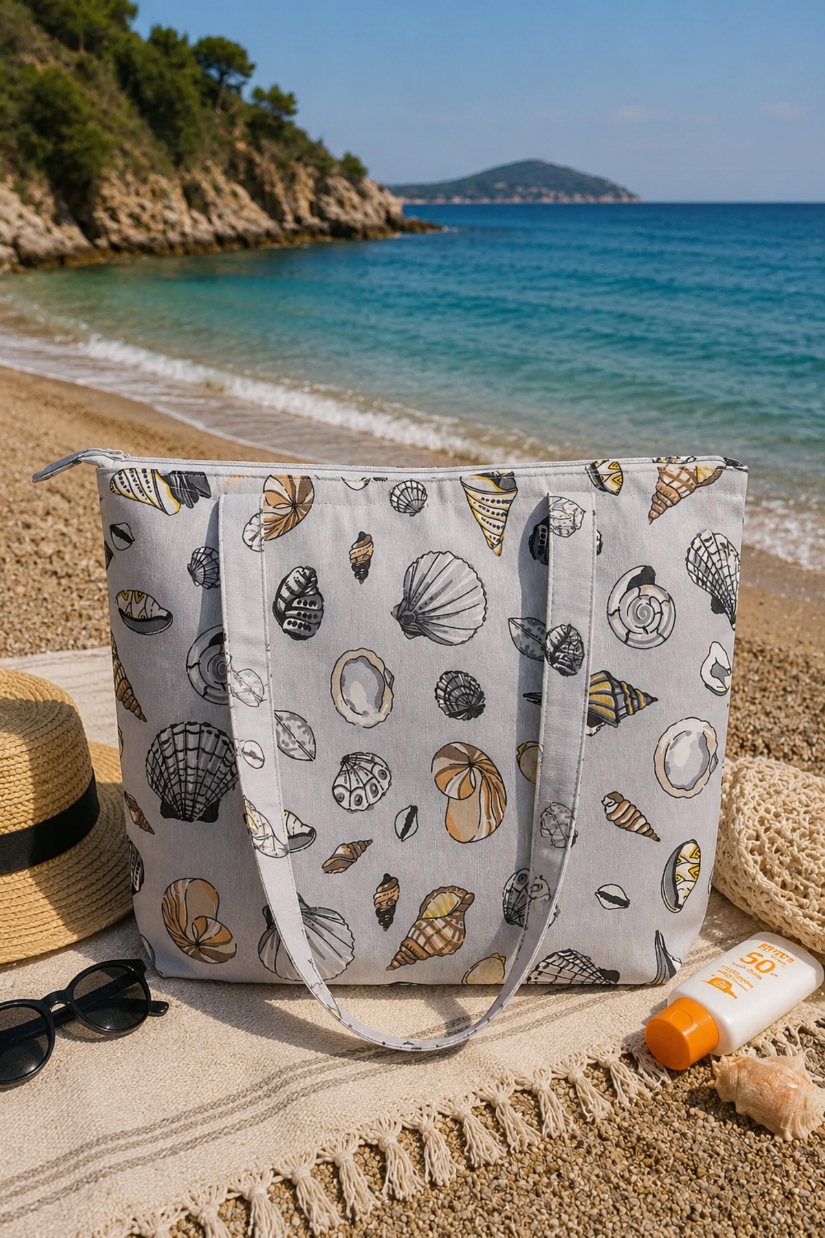 MIORA BAG Deniz Kabuğu Desenli Ön Cepli Plaj Çantası- Dış Cepli Duck Kumaş görsel 2