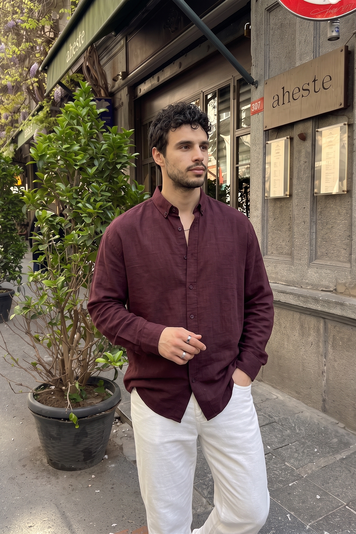Napas Erkek Oversize Keten Görünümlü Mürdüm Gömlek — رنگارنگ 33003 — تصویر 3 از 7