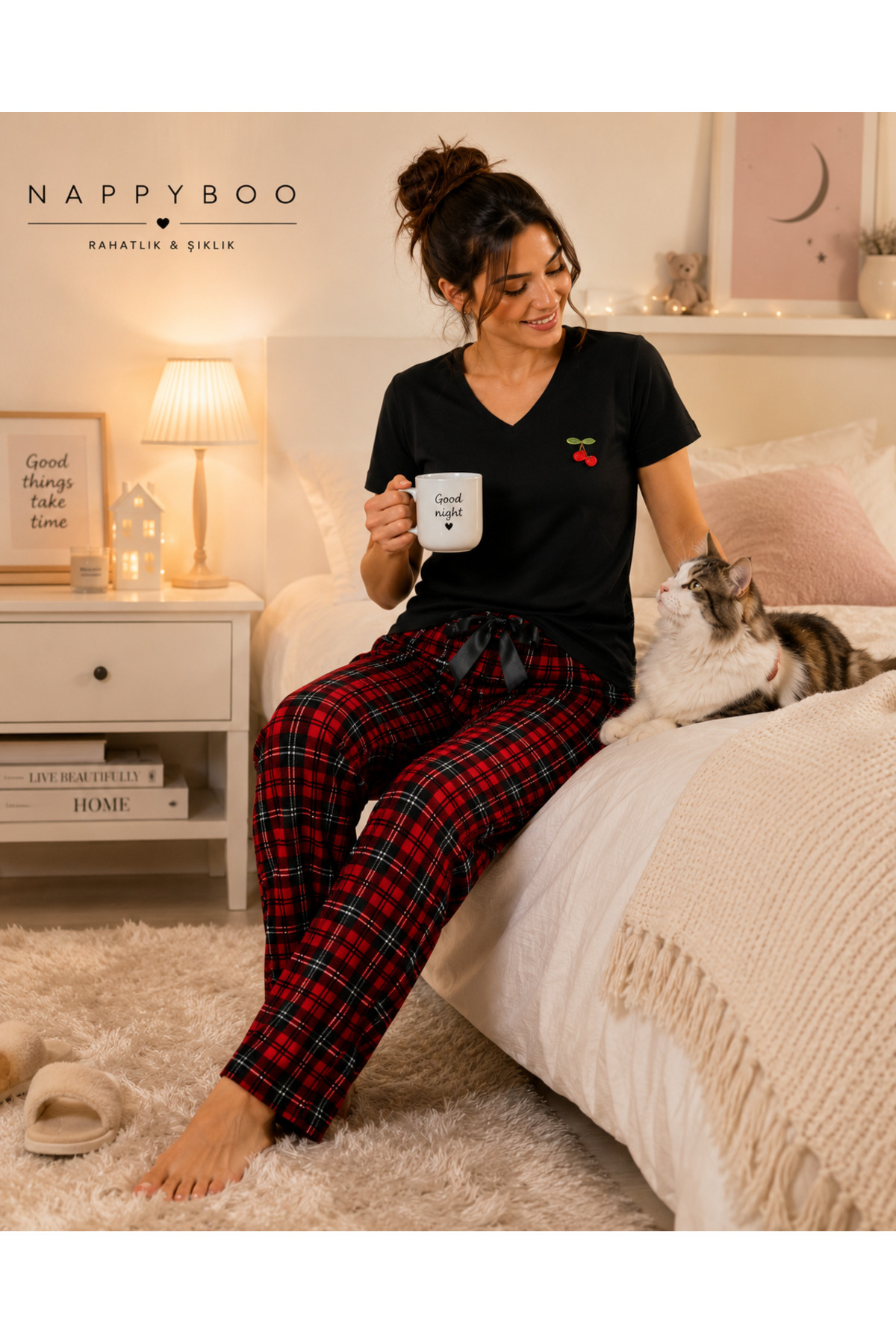 Kadın Pijama Takımı Pamuklu Kırmızı Ekoseli Kiraz Detaylı 5