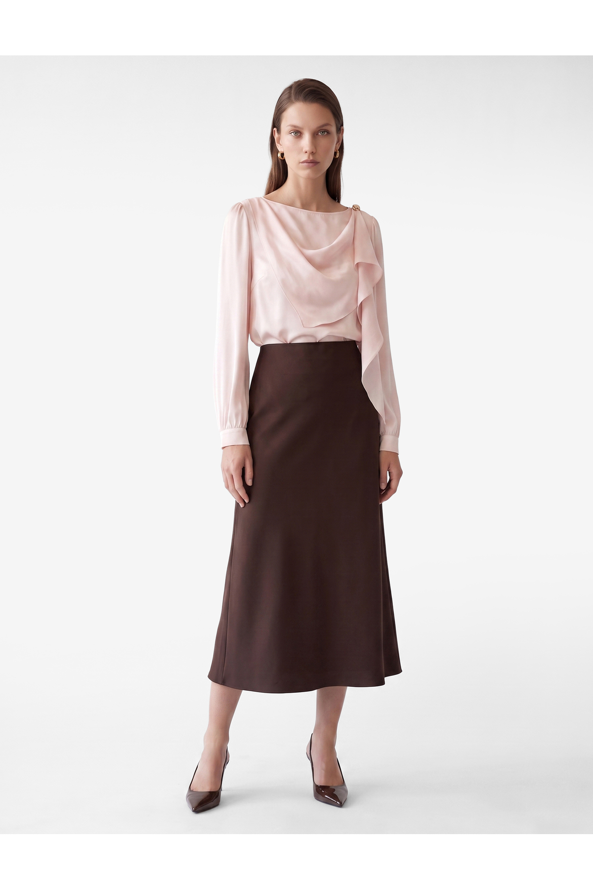 Koton Regular Fit Shawl Collar Long Sleeve Satin Blouse with Metal Accessories