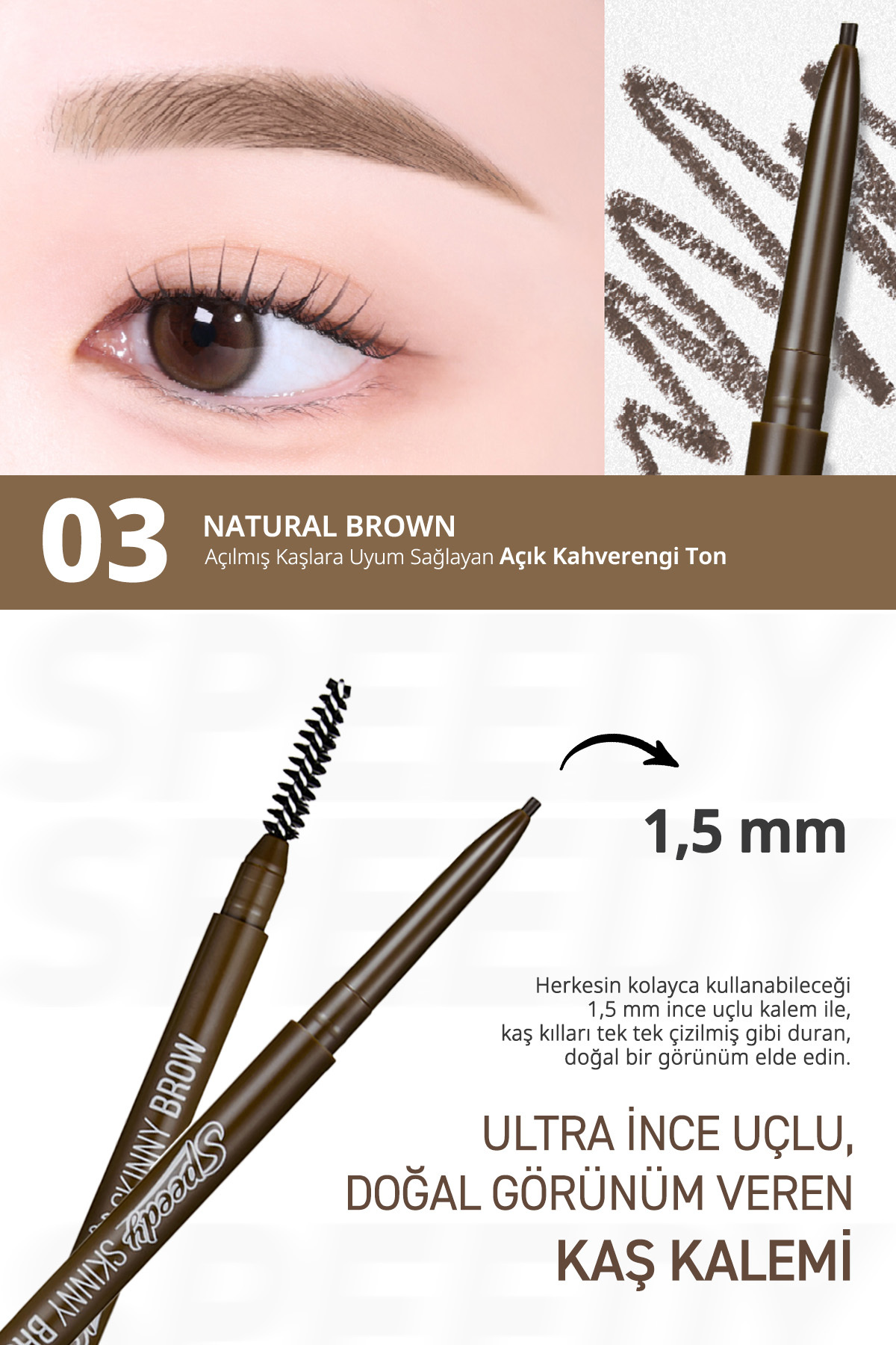 Ultra İnce Uçlu, Doğal Görünüm Veren Kaş Kalemi PERIPERA Speedy Skinny Brow (3 Natural Brown) — قهوه‌ای 6342 — تصویر 3 از 9