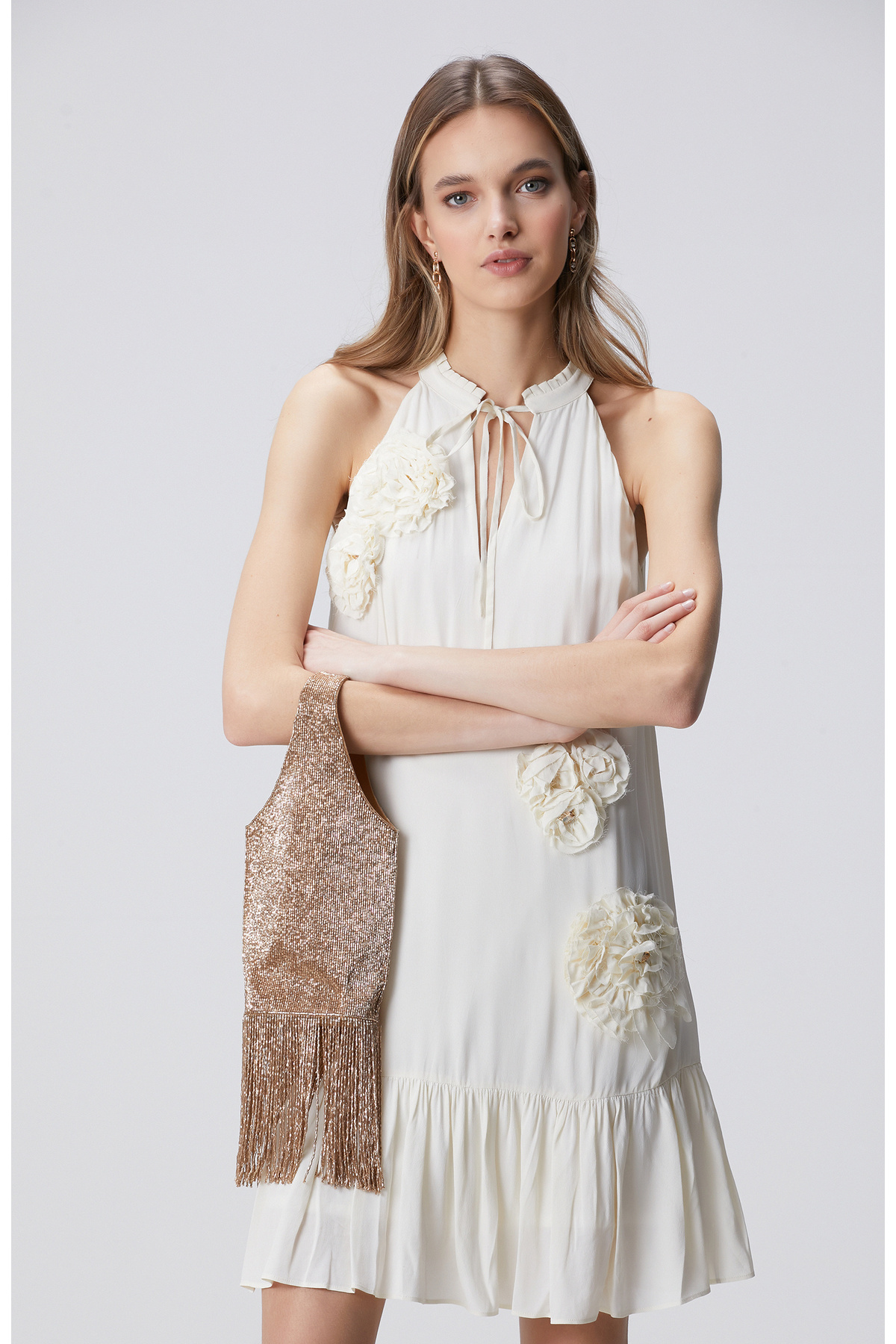 Network Bronz Boncuk İşlemeli Kadın Clutch