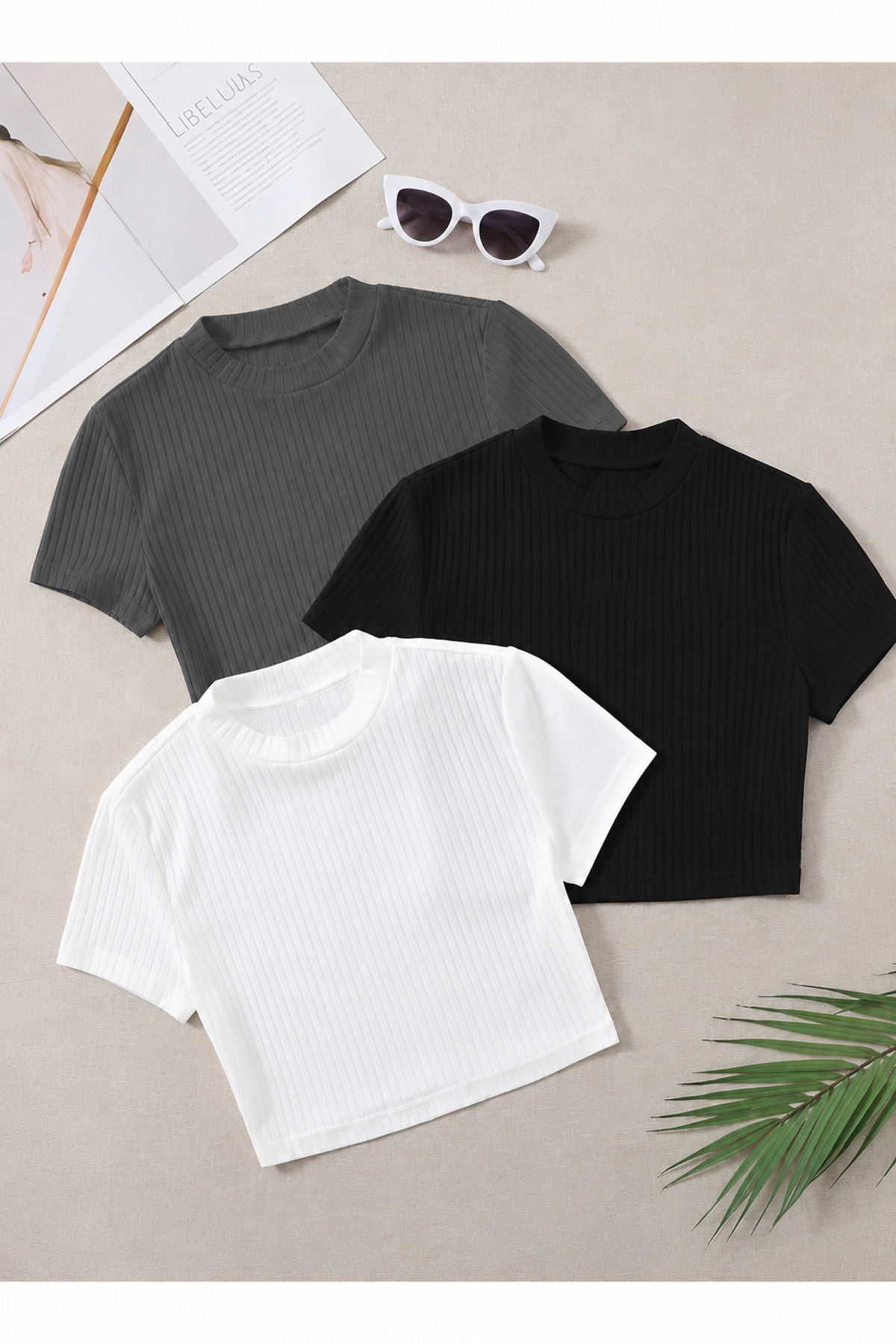 ÖZ PAMUK Women's 3-Pack Black Ribbed Cotton Knit Cropped T-shirt