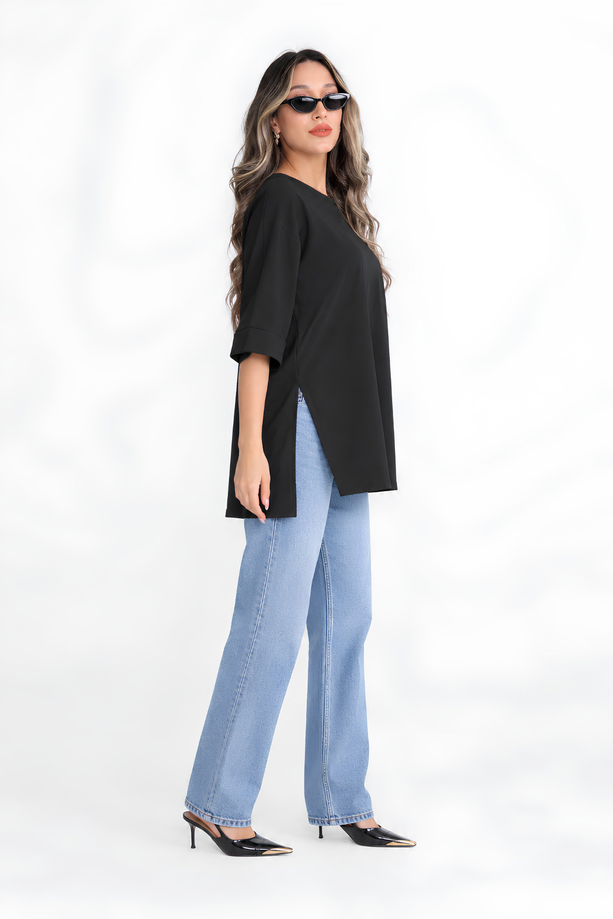 MOVİMENT Siyah Oversize Duble Kol Yandan Yırtmaçlı Uzun T-Shirt | Pamuklu Basic Bisiklet Yaka Süprem Kumaş Günlük Rahat Tişört | Standart Beden Tüm Sezon görsel 3