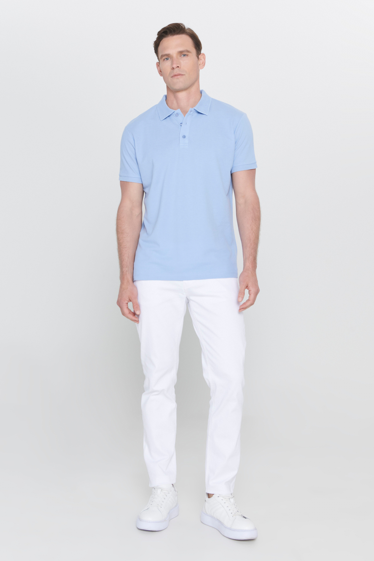 ALTINYILDIZ CLASSICS Erkek Açık Mavi %100 Pamuk Kıvrılmaz Pike Polo Yaka Slim Fit Dar Kesim Tişört görsel 7