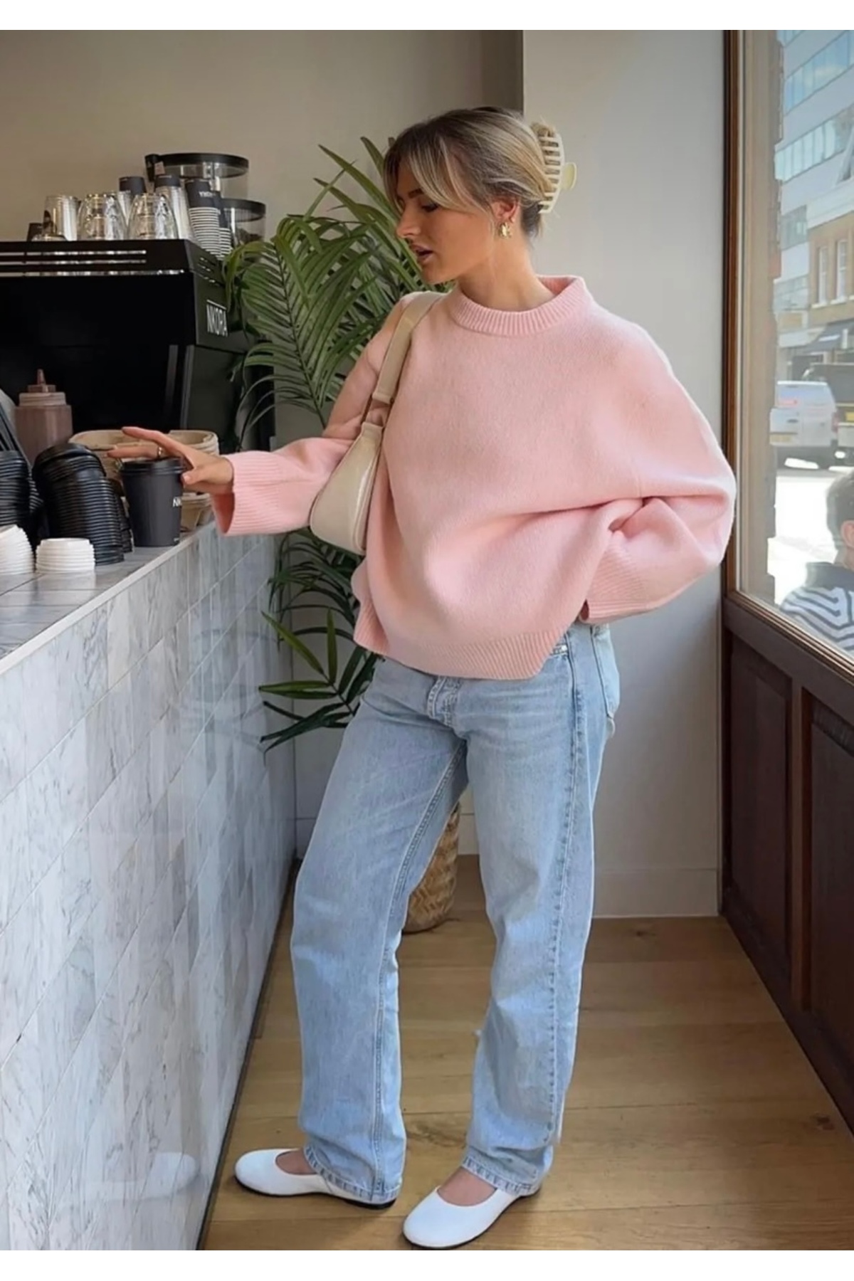 Gülce moda Pembe Bisiklet Yaka Oversize Triko Kadın Kazak görsel 2