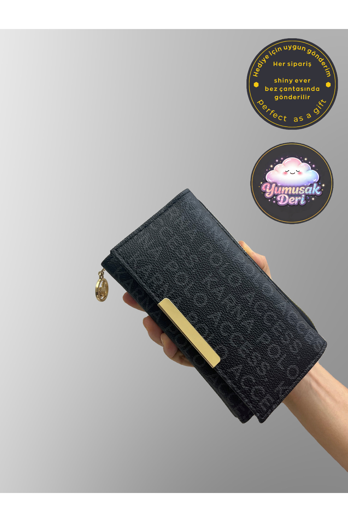 shiny ever Siyah Gri Yumuşak Deri Kadın Cüzdan El Çantası Gold Detaylı