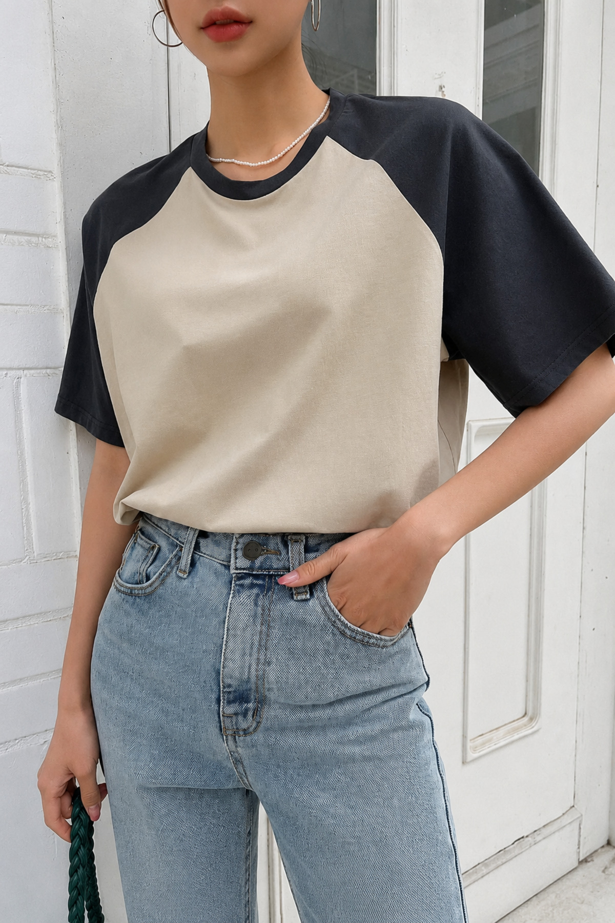 DUBU BUTİK Bej Gövde Füme Reglan Kol T-Shirt - Oversize Bisiklet Yaka Kısa Kol Tişört görsel 2
