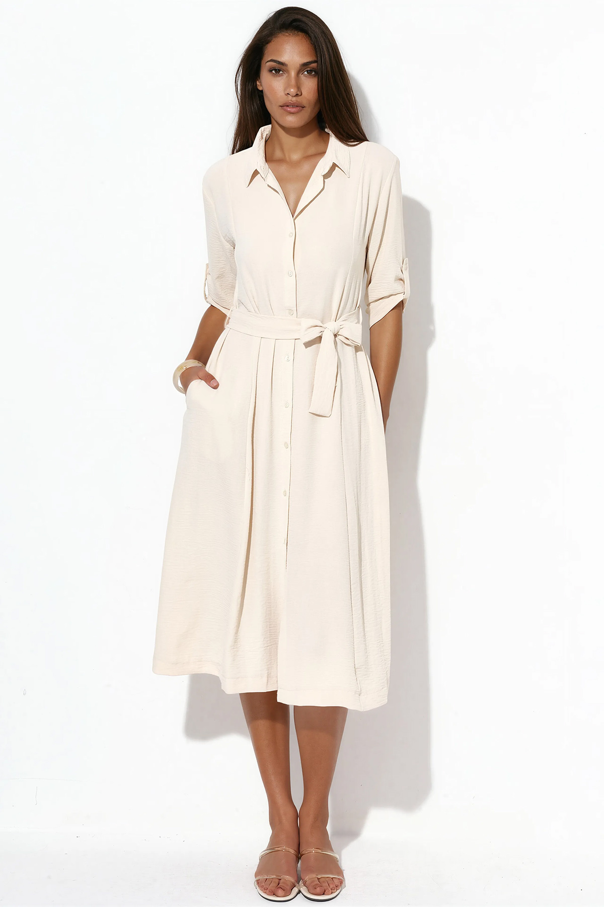 Merterium Women's Belted Shirt Dress Cream 1172