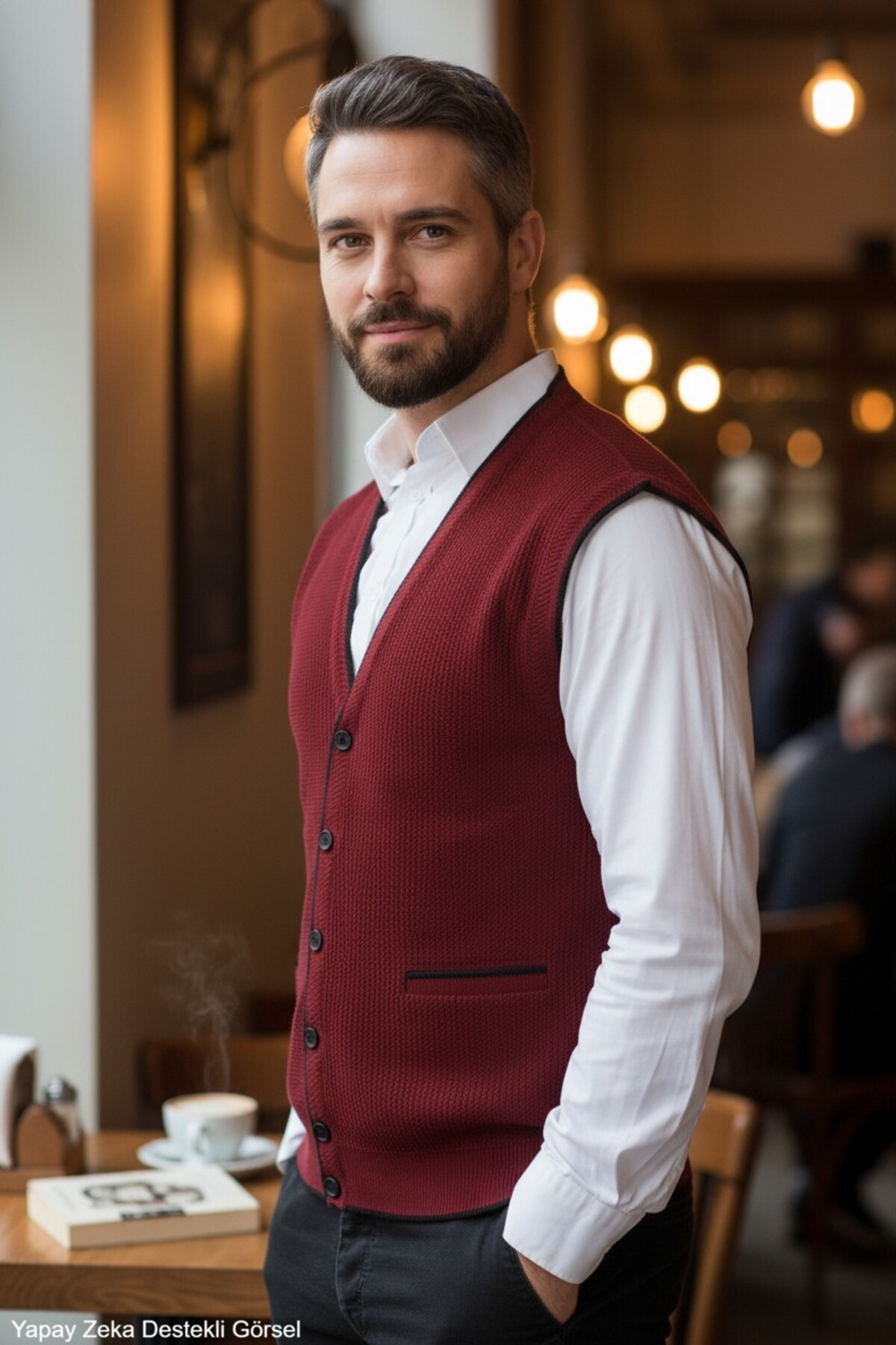 Kamalı Erkek Bordo V Yaka Triko Düğmeli Cepli Çizgi Desenli Regular Fit Tüylenmeyen Örgü Yelek görsel 7