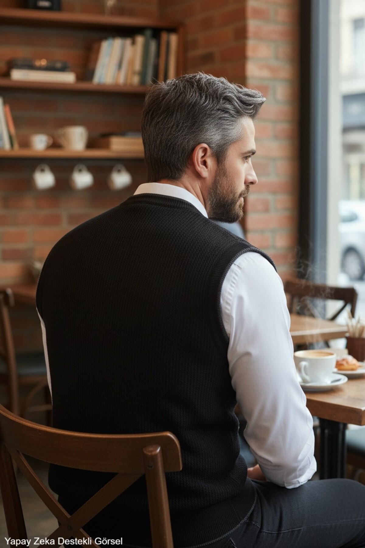 Kamalı Erkek Siyah V Yaka Triko Düğmeli Cepli Çizgi Desenli Regular Fit Tüylenmeyen Örgü Yelek görsel 3