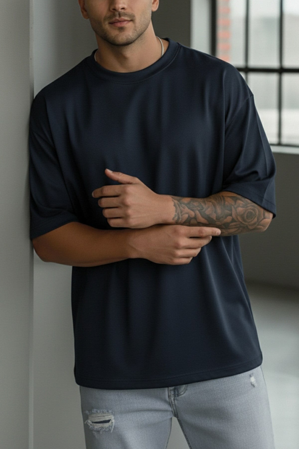 Teenage Millionaire Erkek Lacivert Bisiklet Yaka Düz Basic Baskısız Oversize Salas T-Shirt görsel 7
