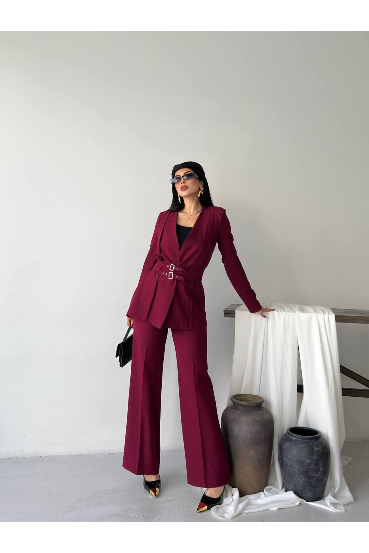 Ensemble deux pièces blazer et pantalon à ceinture Premium Fit - Görsel 6