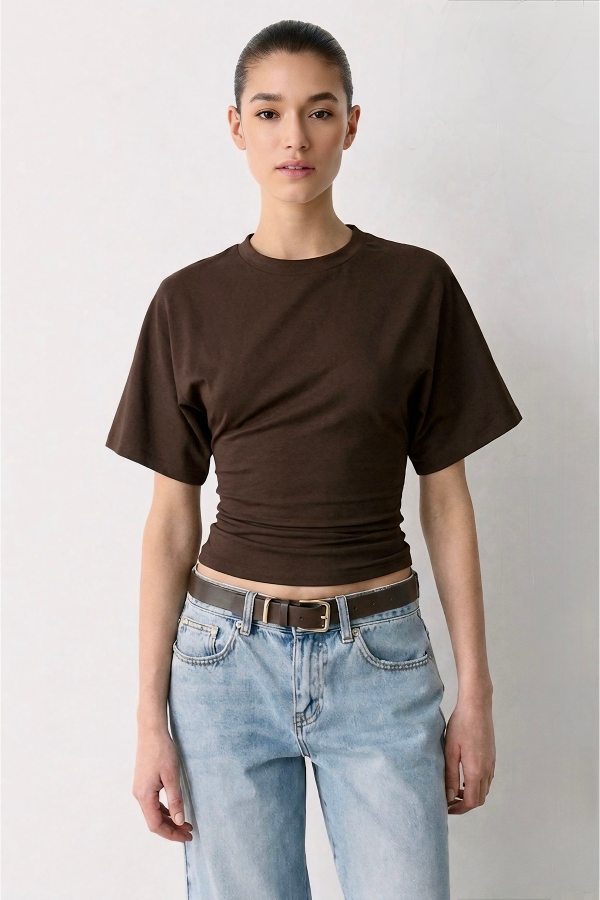 Waist Seated Bat Sleeve Cotton Brown T-shirt