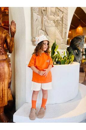 LilCrown Kids La'Ciel Paris Unisex Çocuk Turuncu Tişört Bej Şort Takım Yazlık...